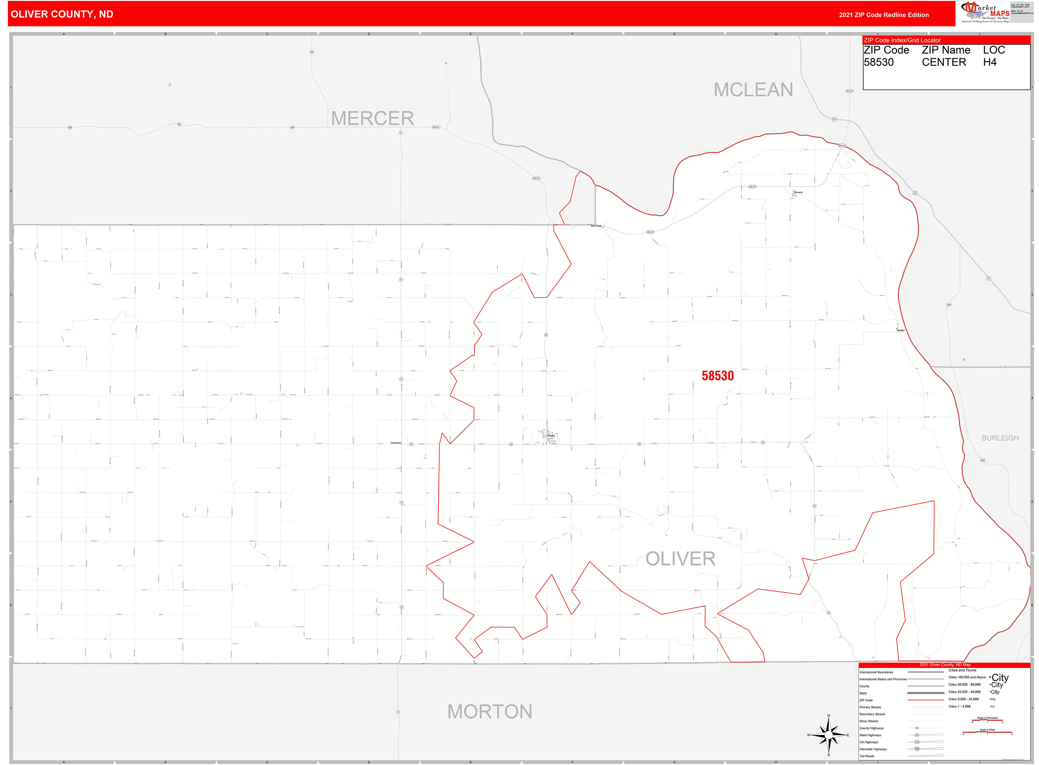 Oliver County, ND Zip Code Wall Map Red Line Style by MarketMAPS