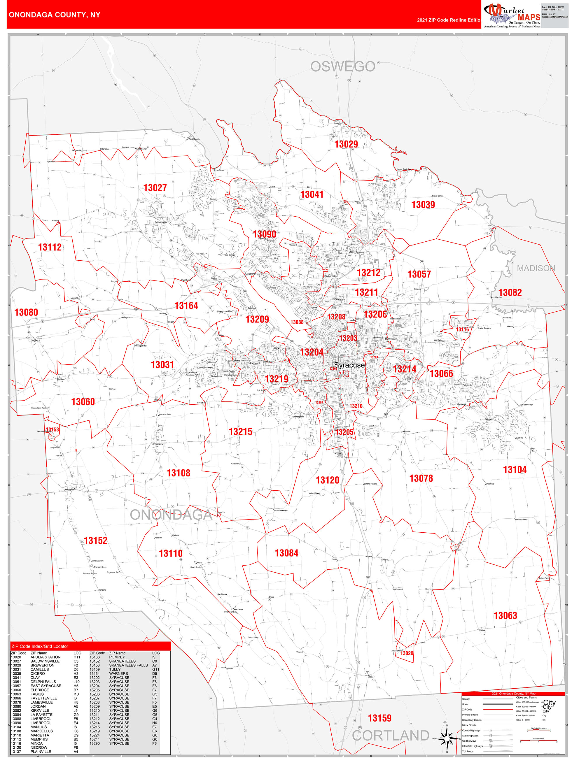 Onondaga County, NY Zip Code Wall Map Red Line Style by MarketMAPS ...