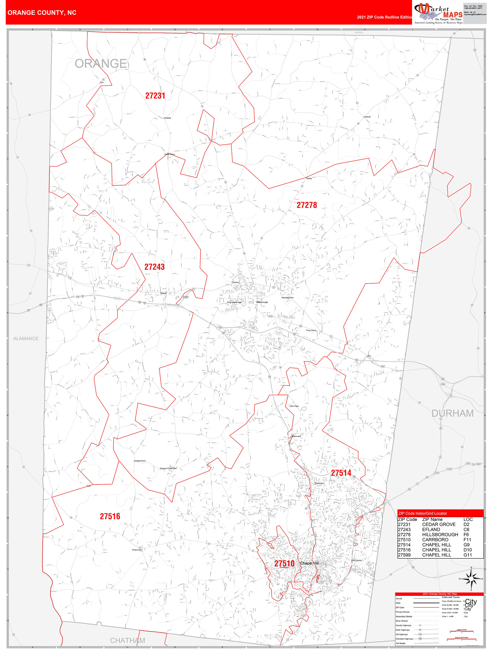 Orange County, NC Zip Code Wall Map Red Line Style by MarketMAPS