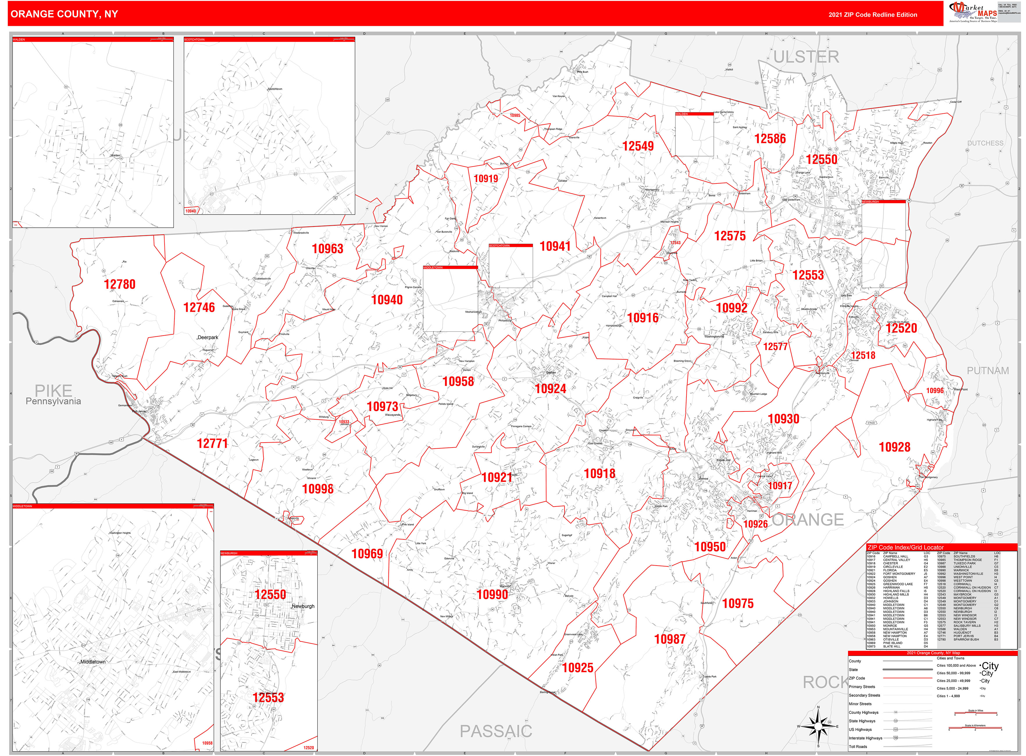 Orange County Ny Zip Code Wall Map Red Line Style By Marketmaps Mapsales