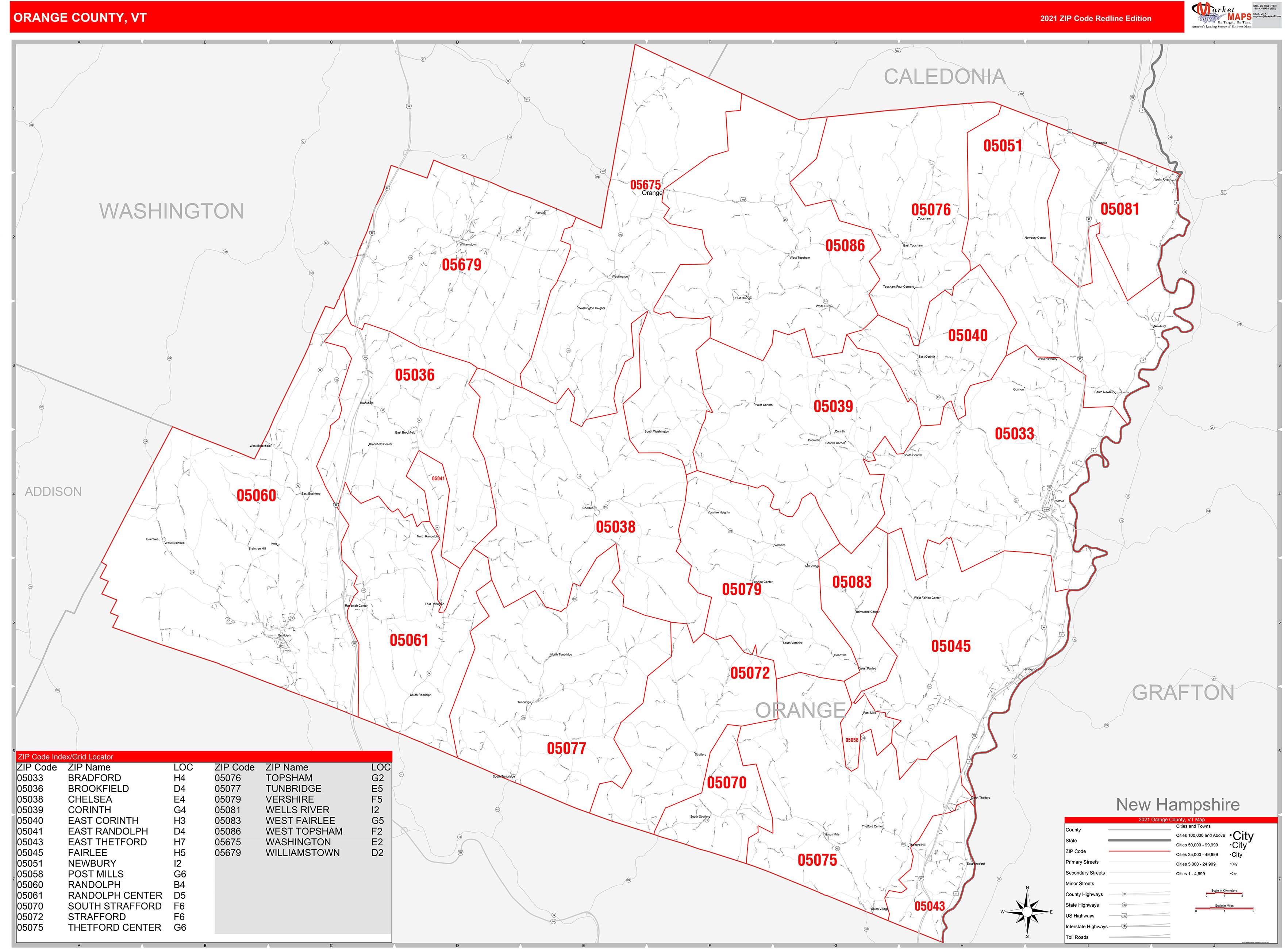 Orange County, VT Zip Code Wall Map Red Line Style by MarketMAPS MapSales