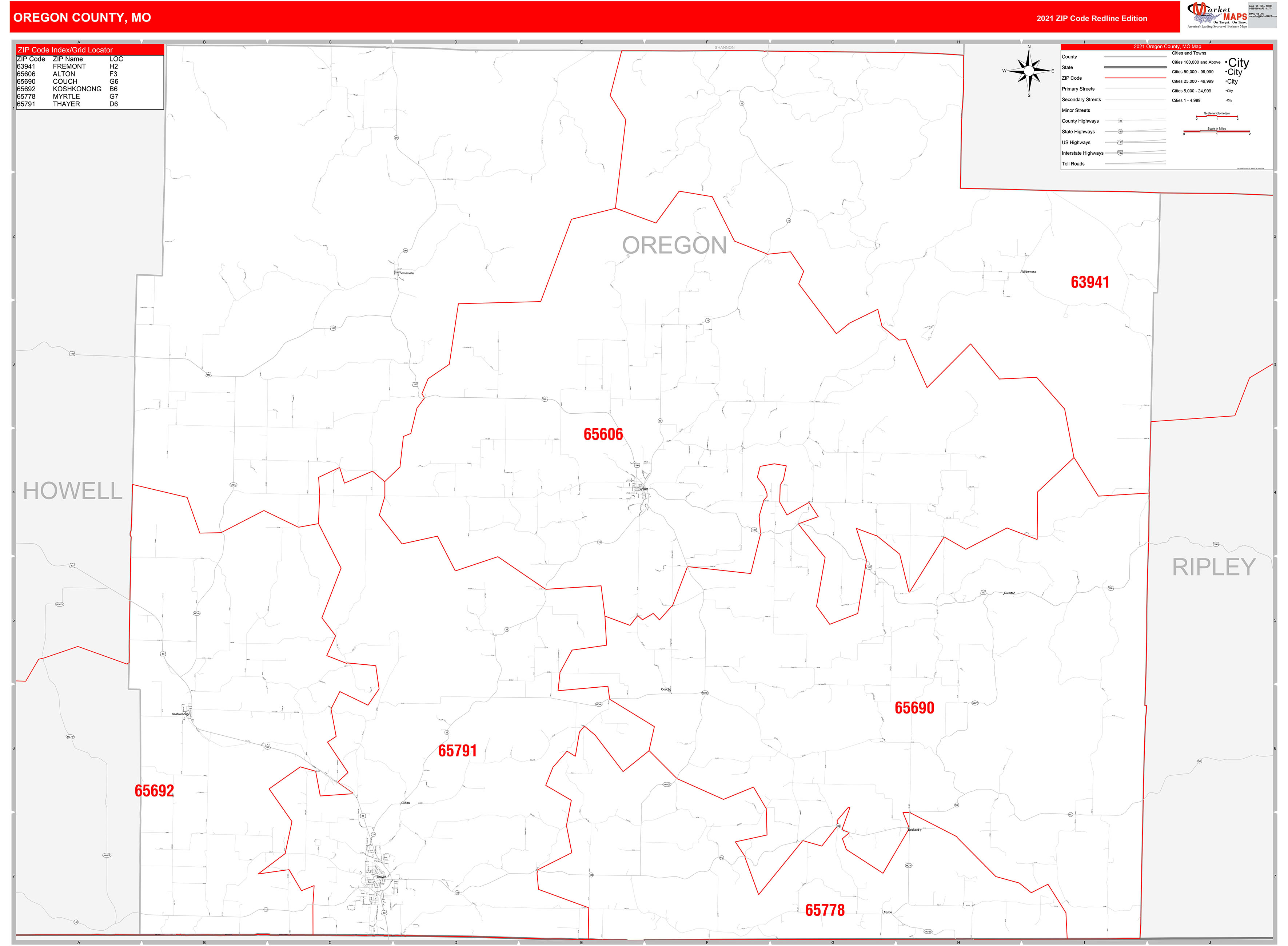 Oregon County, MO Zip Code Wall Map Red Line Style by MarketMAPS - MapSales