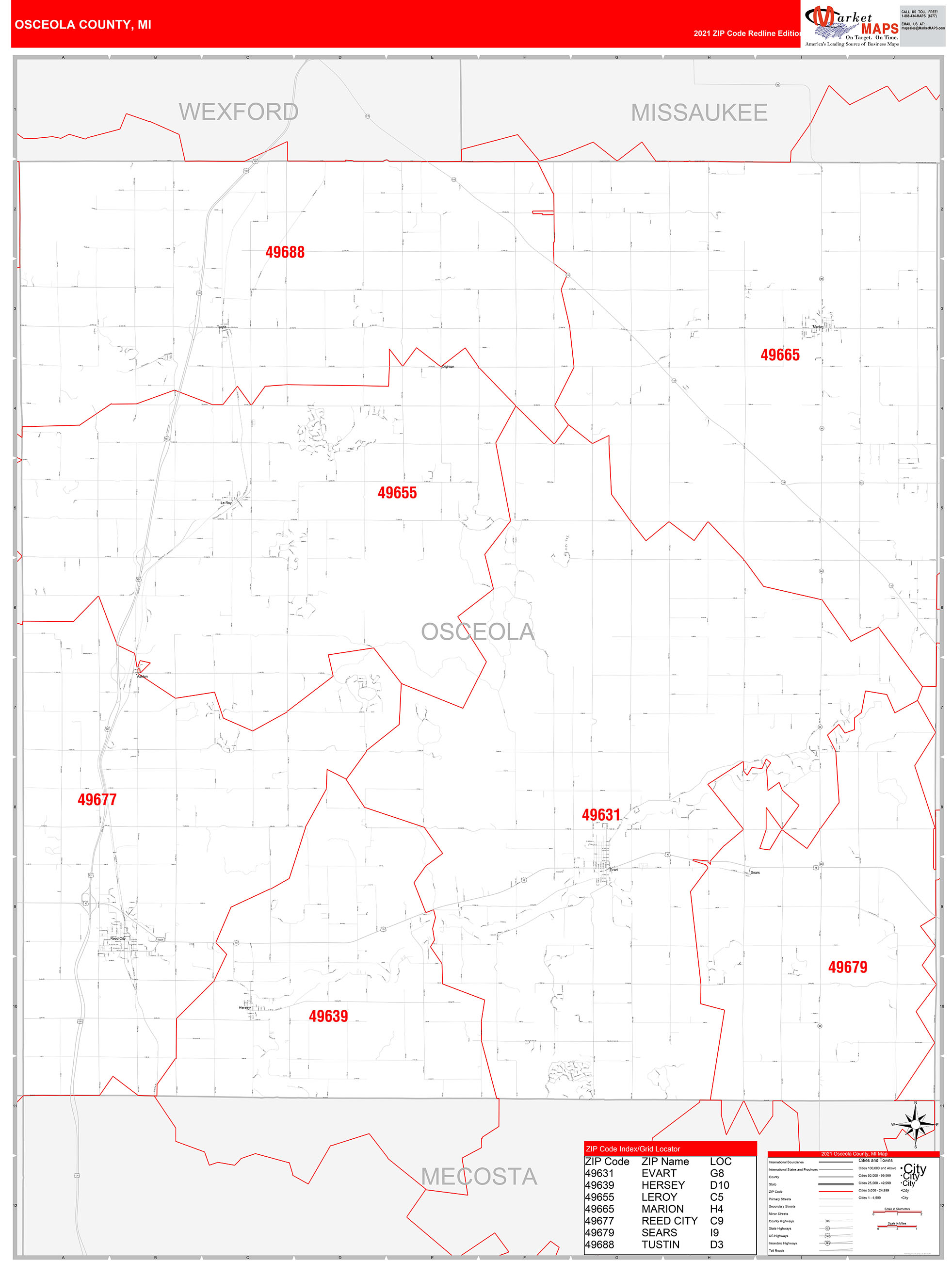 Osceola County, MI Zip Code Wall Map Red Line Style by MarketMAPS