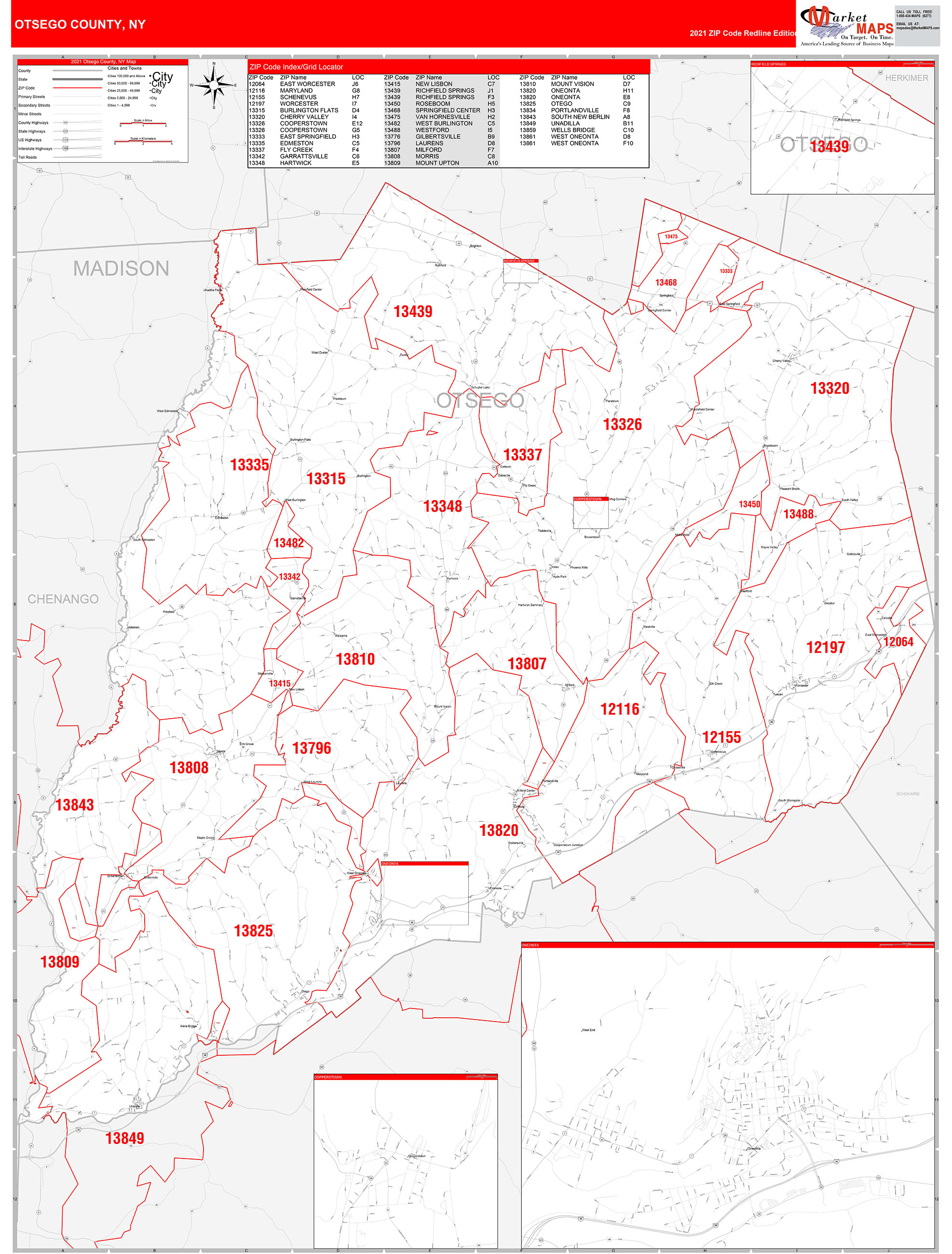 Otsego County Ny Zip Code Wall Map Red Line Style By Marketmaps Mapsales 6496