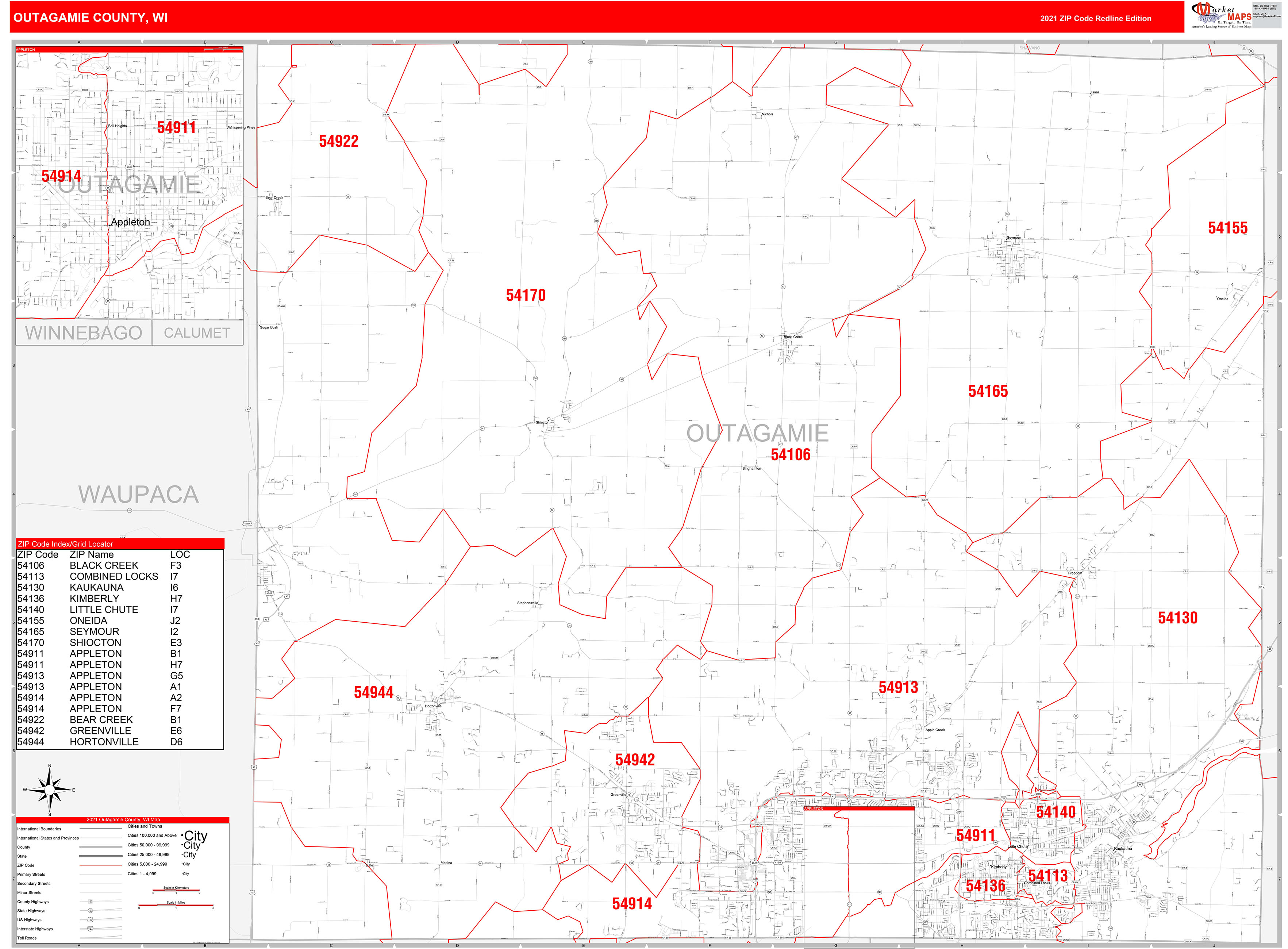 Outagamie County Wi Zip Code Wall Map Red Line Style By Marketmaps Mapsales 8276