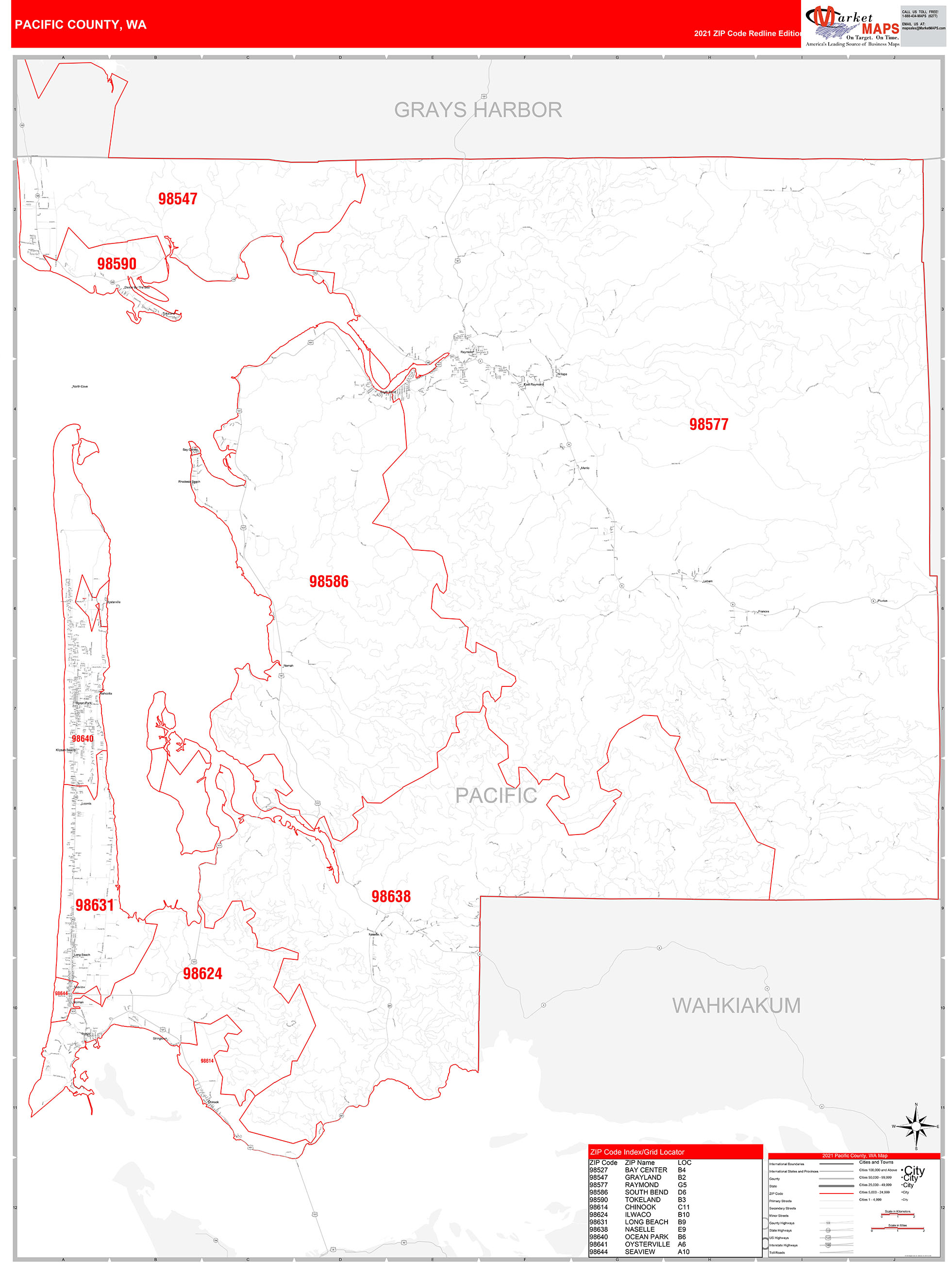 Pacific County Wa Zip Code Wall Map Red Line Style By Marketmaps 0639