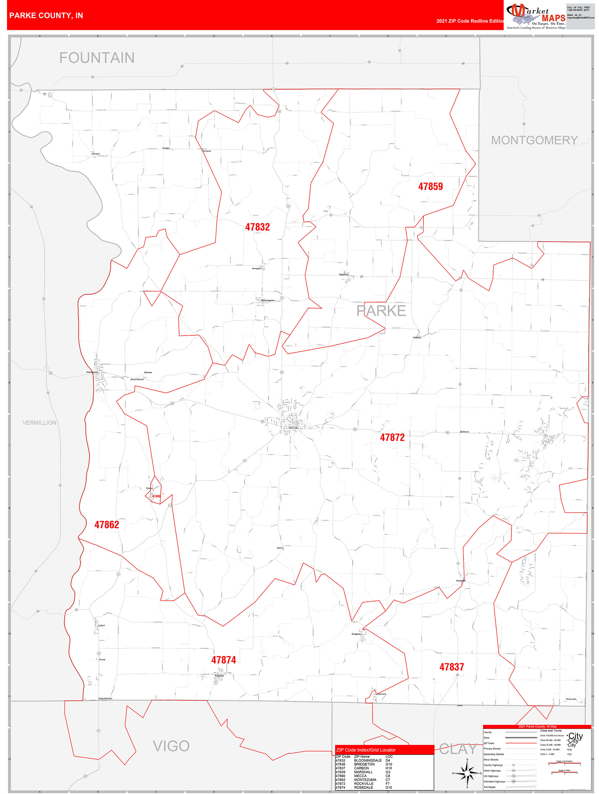 Parke County, IN Zip Code Wall Map Red Line Style by MarketMAPS - MapSales