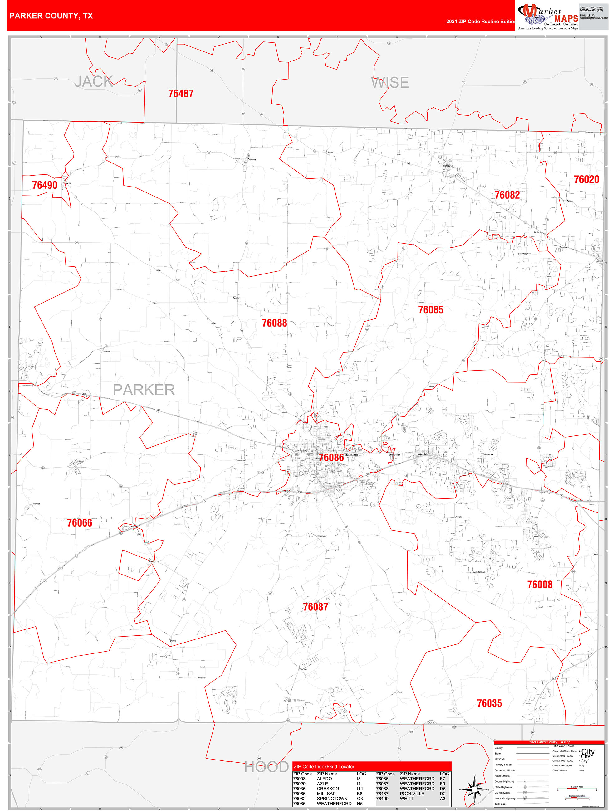 Parker County, TX Zip Code Wall Map Red Line Style by MarketMAPS MapSales