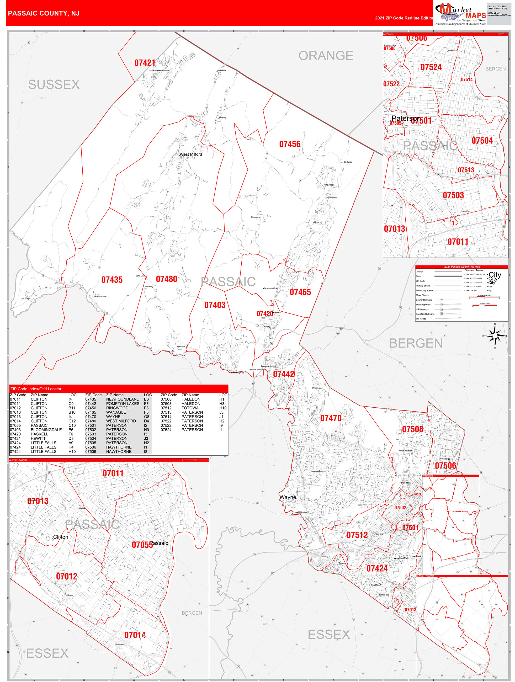 Passaic County, NJ Zip Code Wall Map Red Line Style by MarketMAPS ...