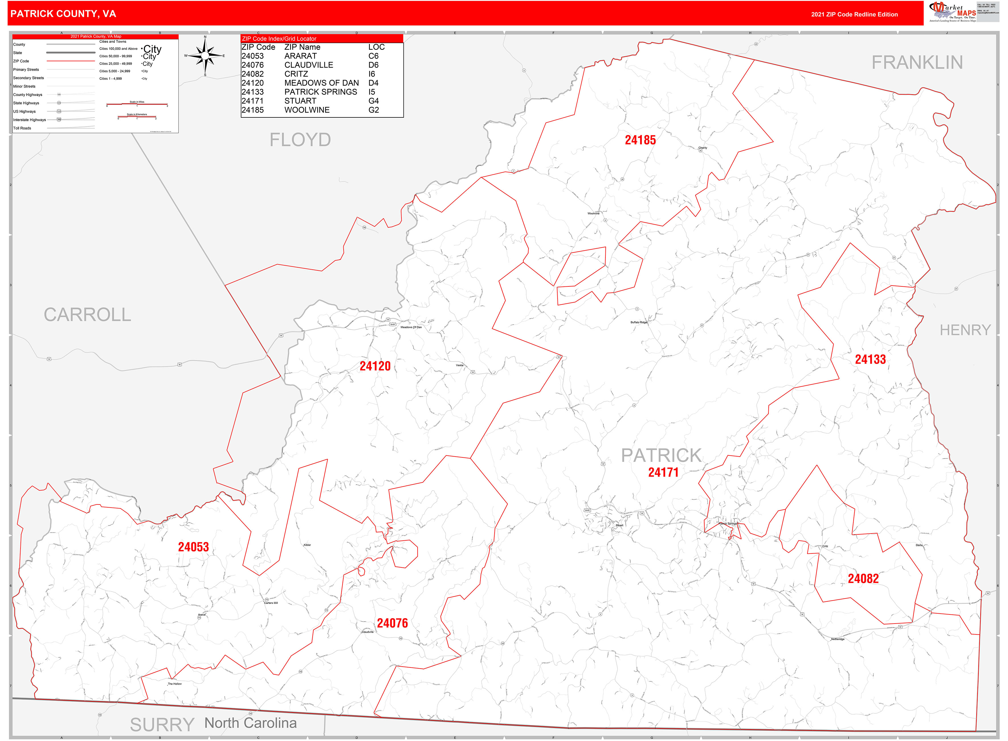 Patrick County VA Zip Code Wall Map Red Line Style By MarketMAPS   Patrick VA 