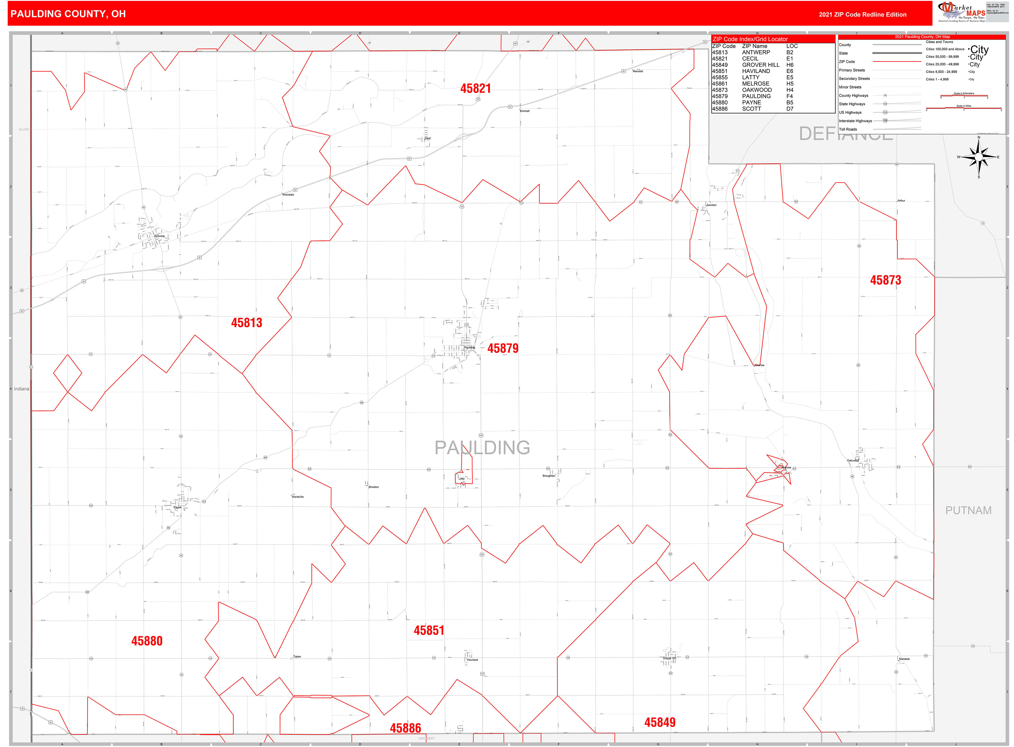 Paulding County, OH Zip Code Wall Map Red Line Style by MarketMAPS ...