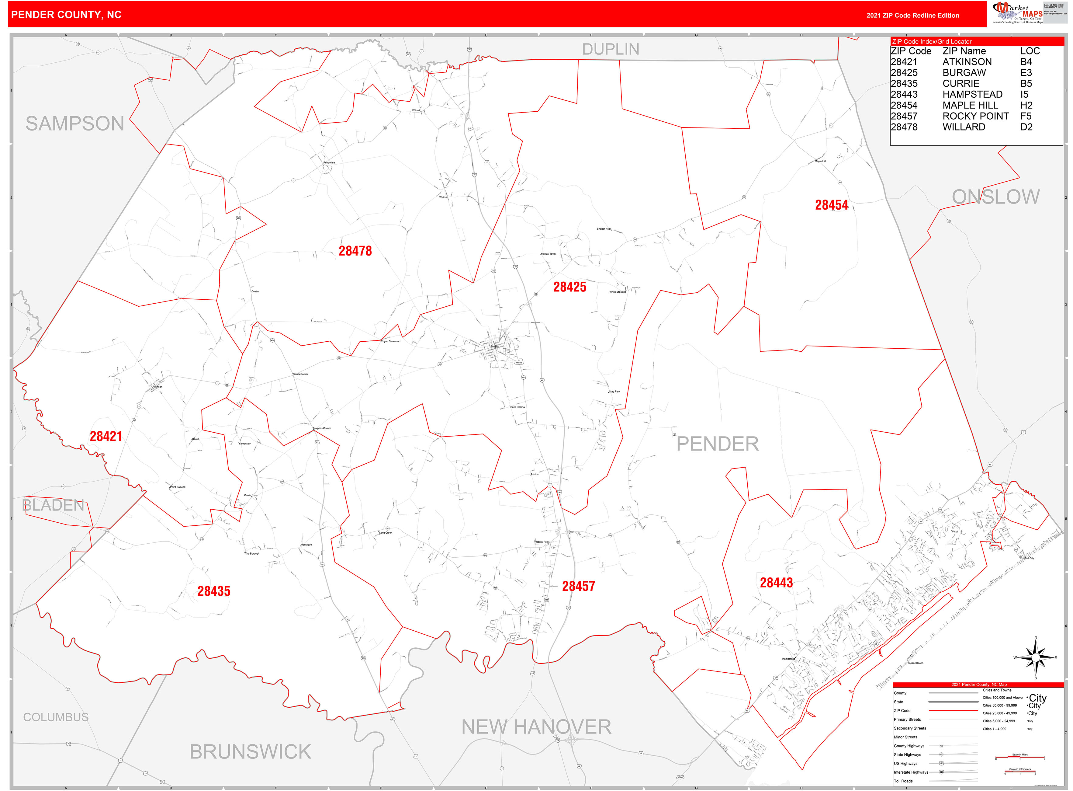 Pender County, NC Zip Code Wall Map Red Line Style by MarketMAPS