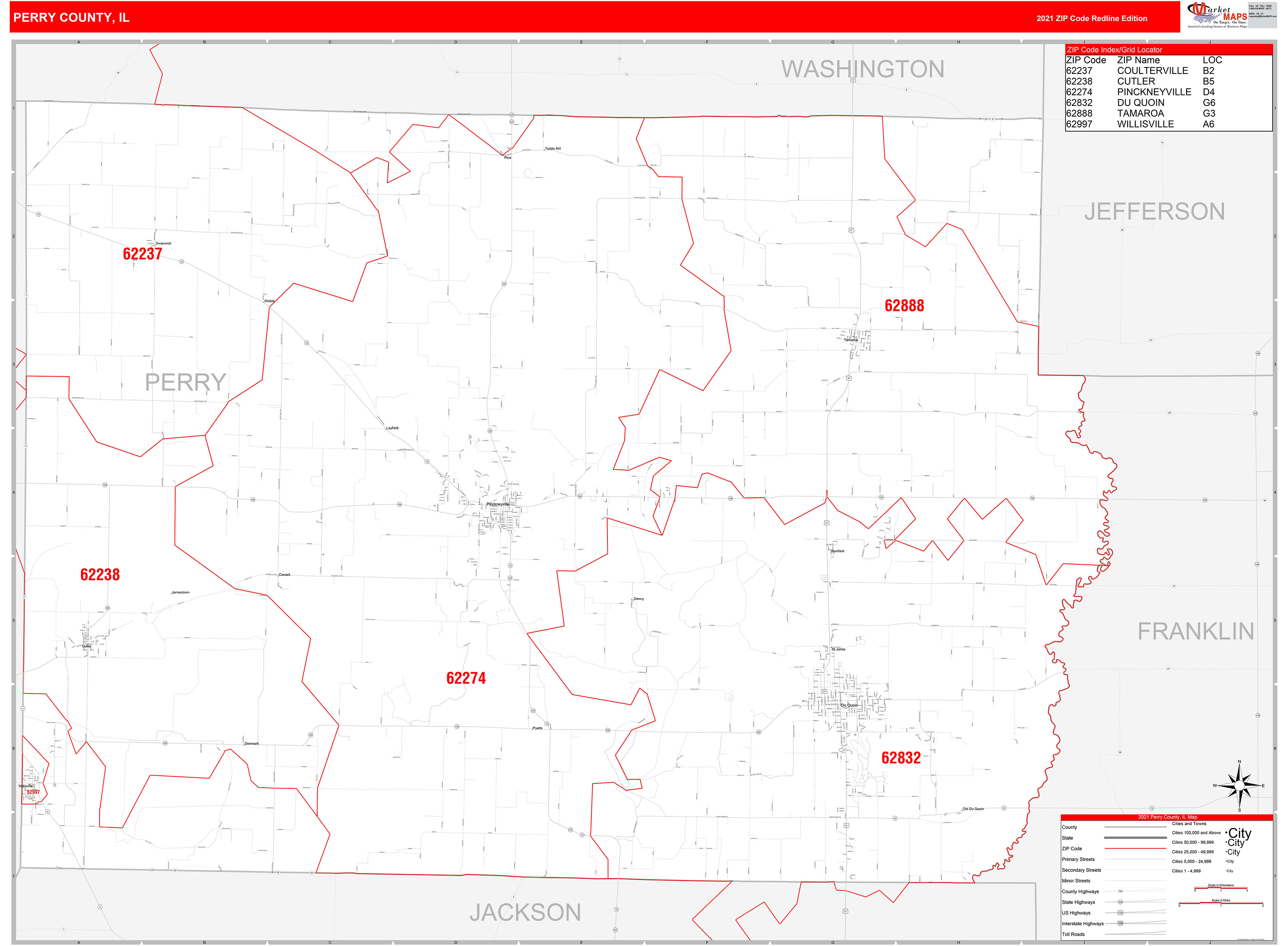 Perry County IL Zip Code Wall Map Red Line Style by MarketMAPS