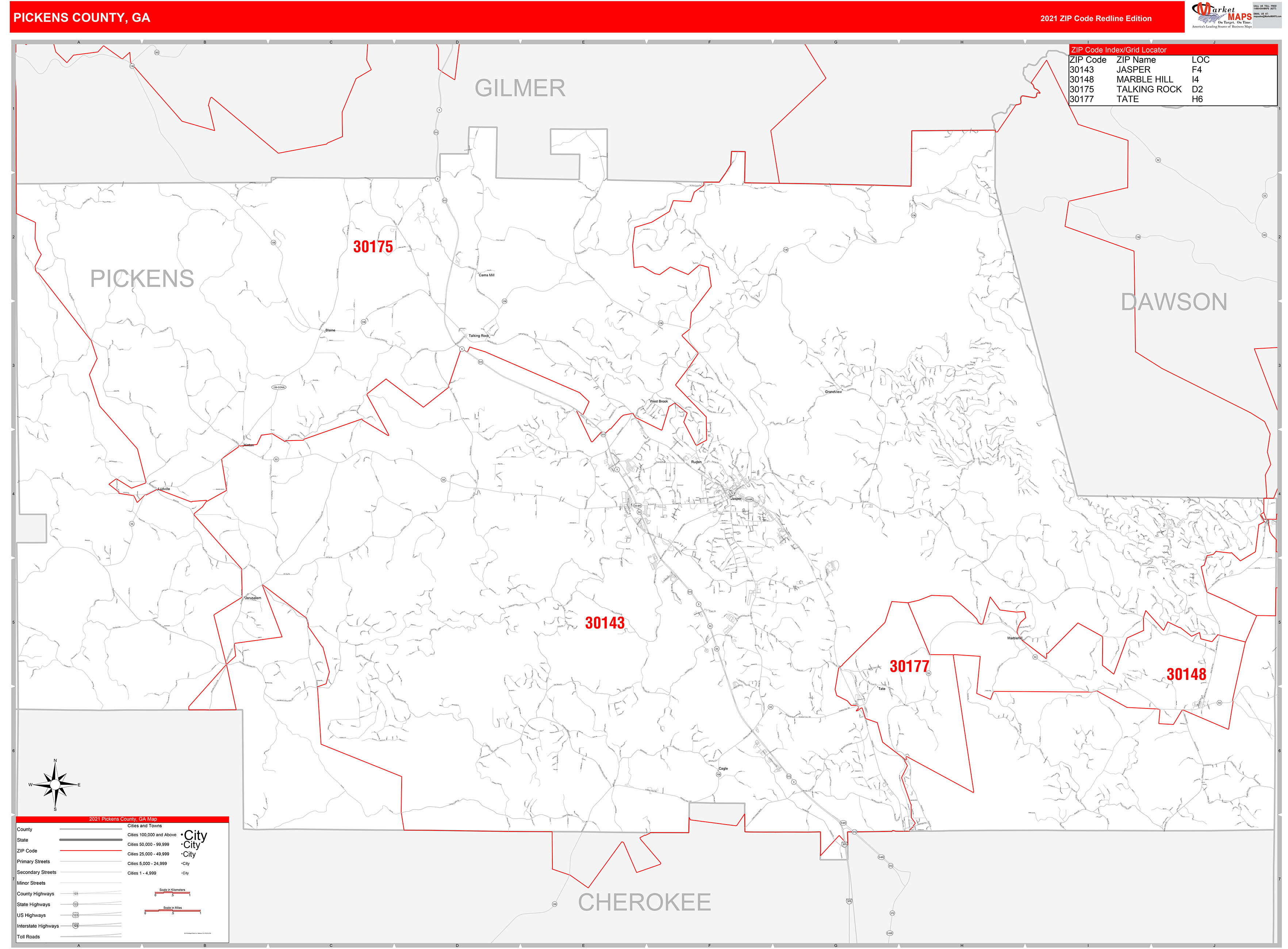 Pickens County, GA Zip Code Wall Map Red Line Style by MarketMAPS ...