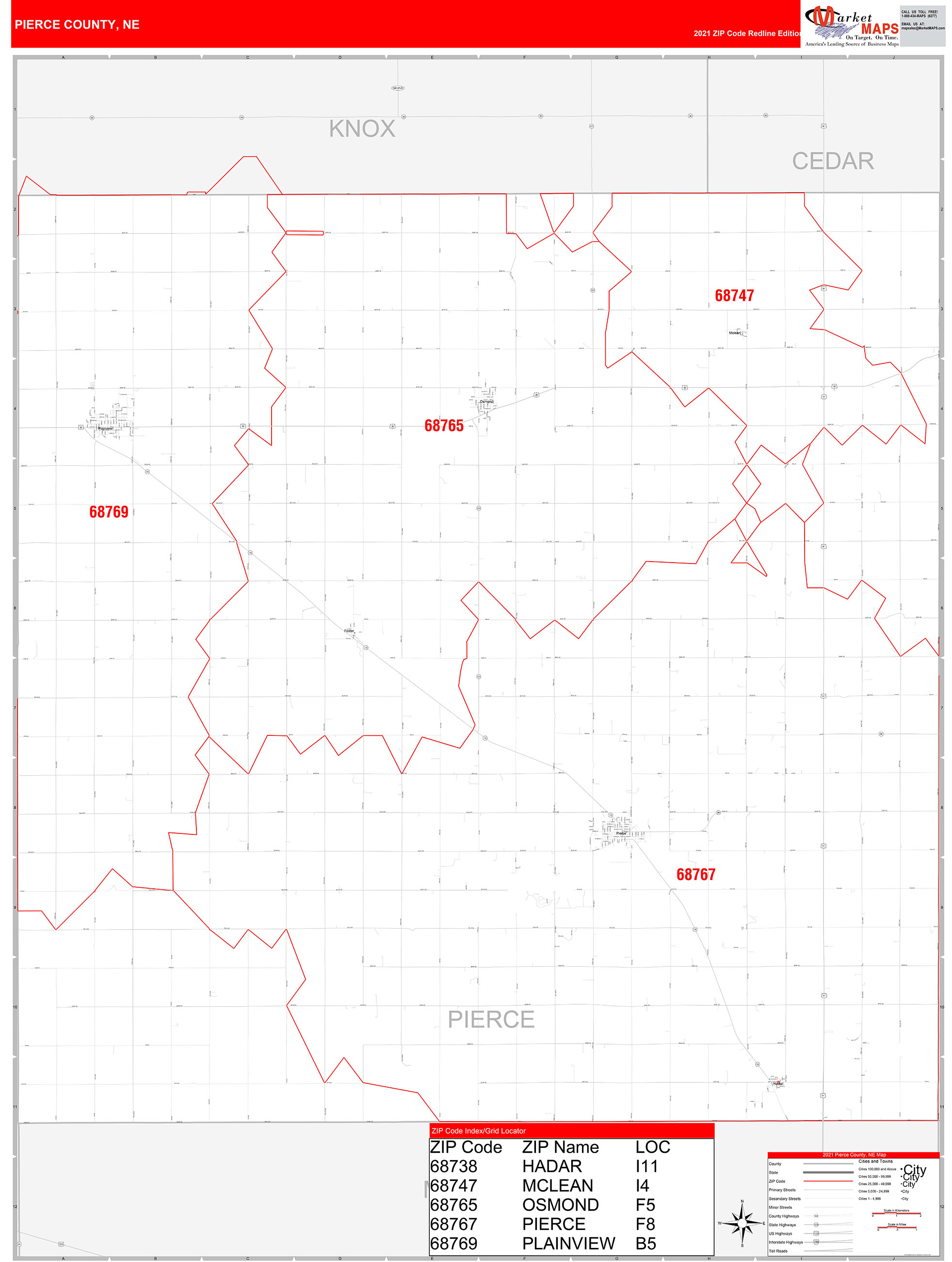 Pierce County, NE Zip Code Wall Map Red Line Style by MarketMAPS