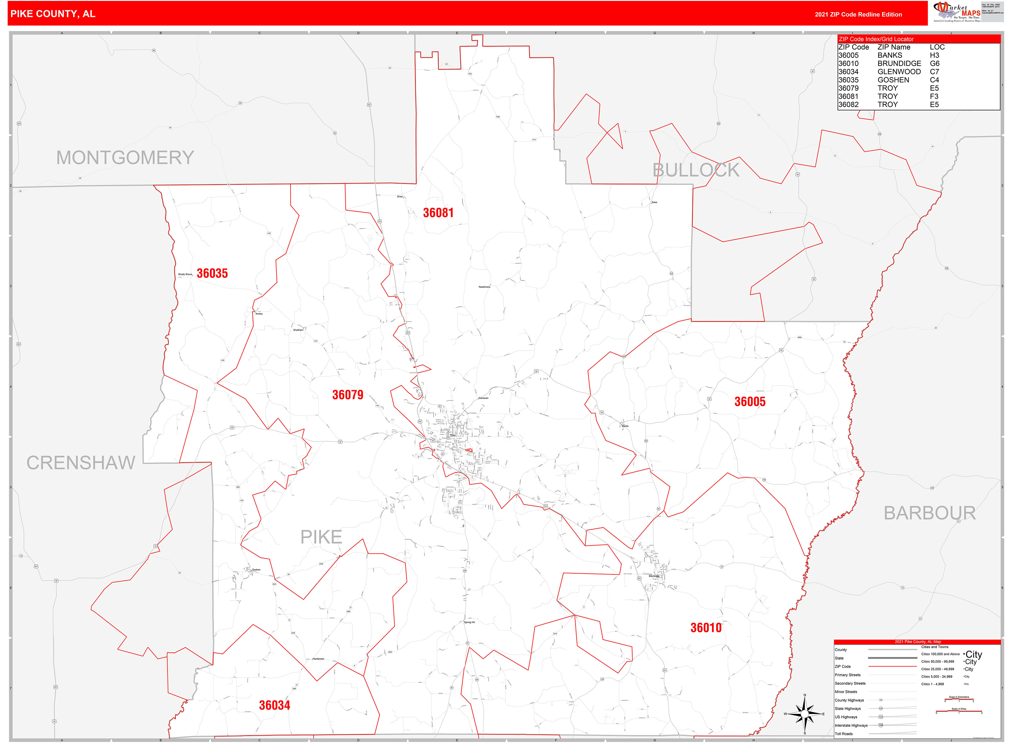 Pike County, AL Zip Code Wall Map Red Line Style by MarketMAPS - MapSales