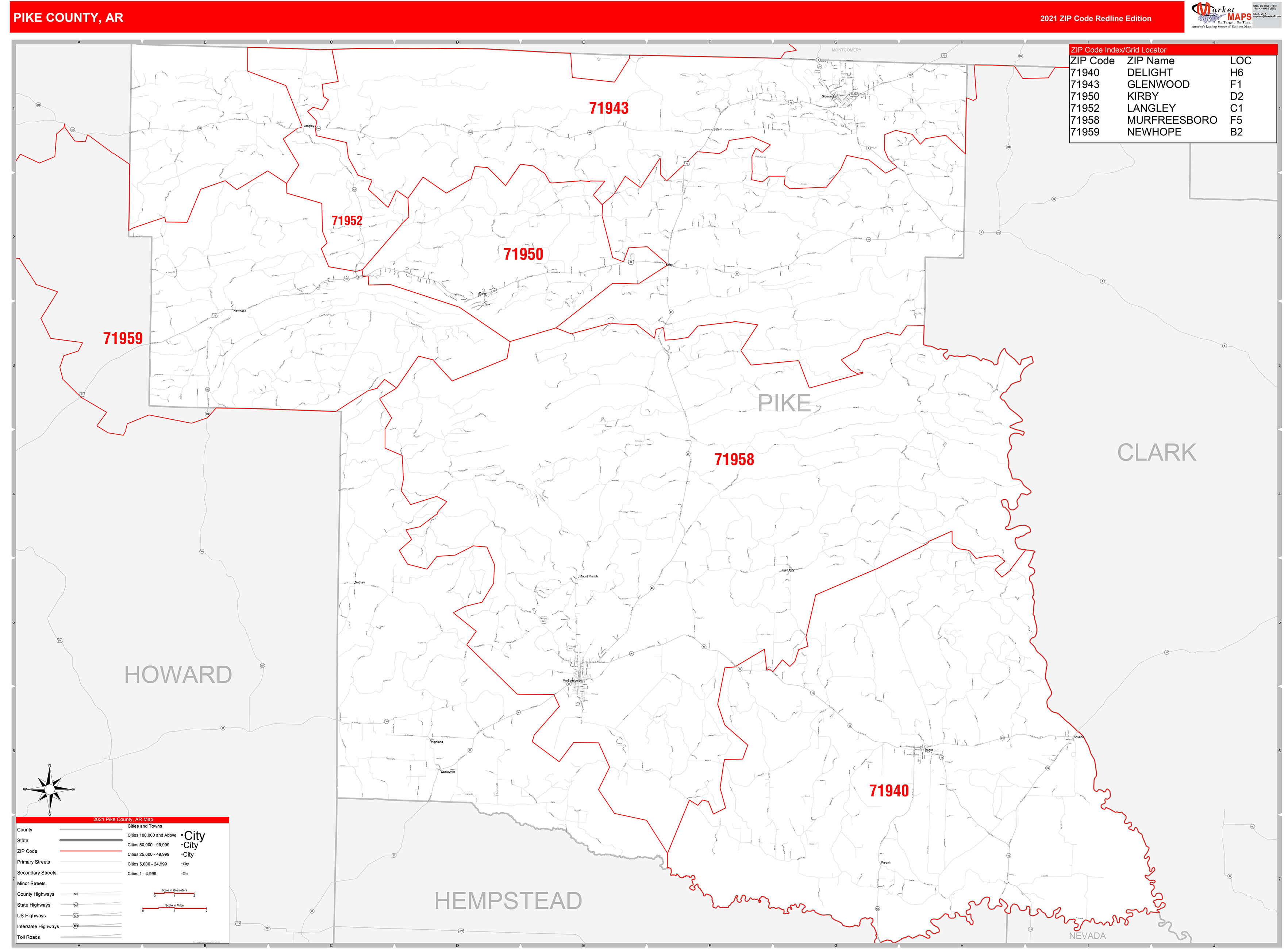 Pike County, AR Zip Code Wall Map Red Line Style by MarketMAPS