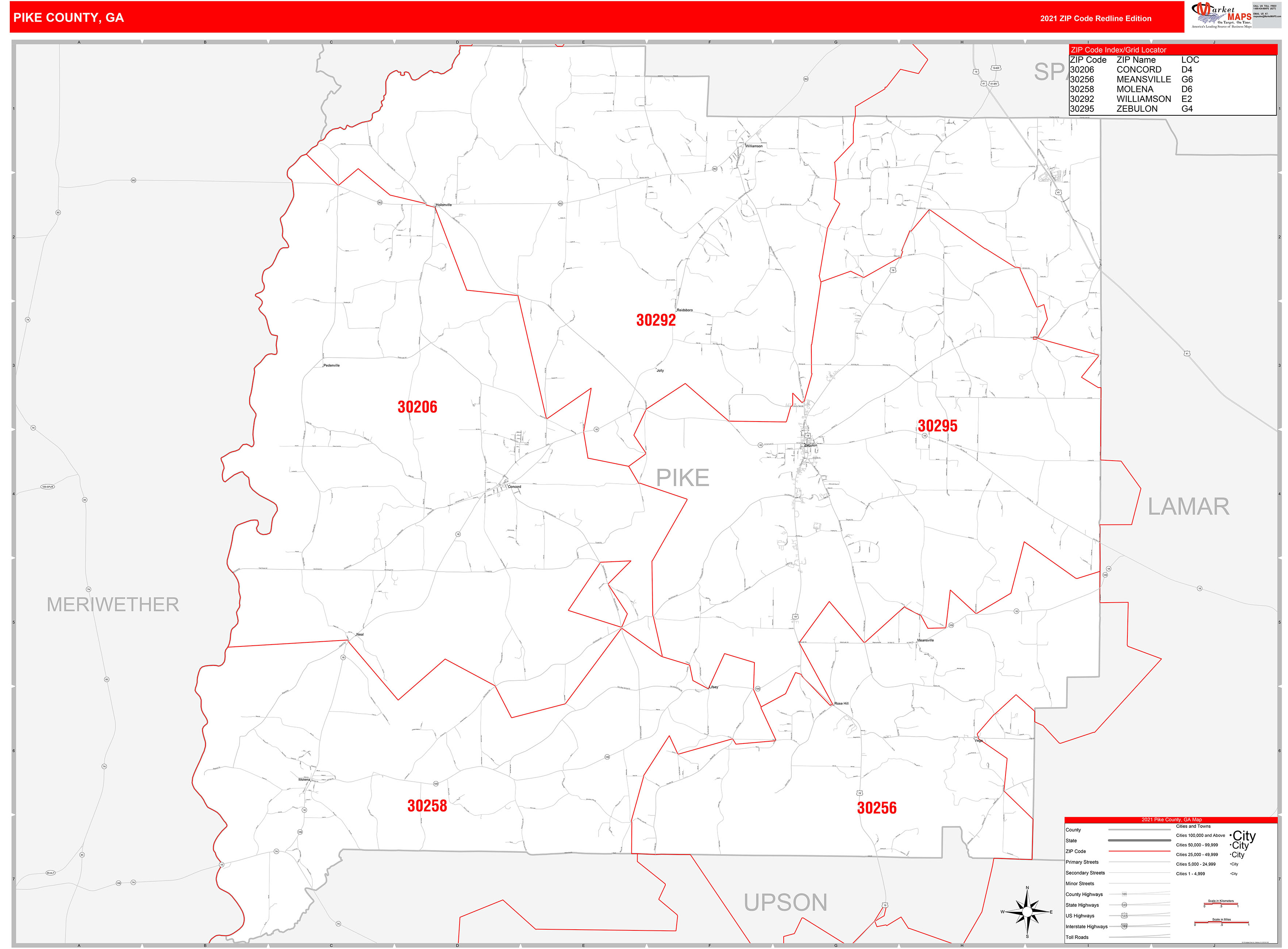 Pike County, GA Zip Code Wall Map Red Line Style by MarketMAPS ...