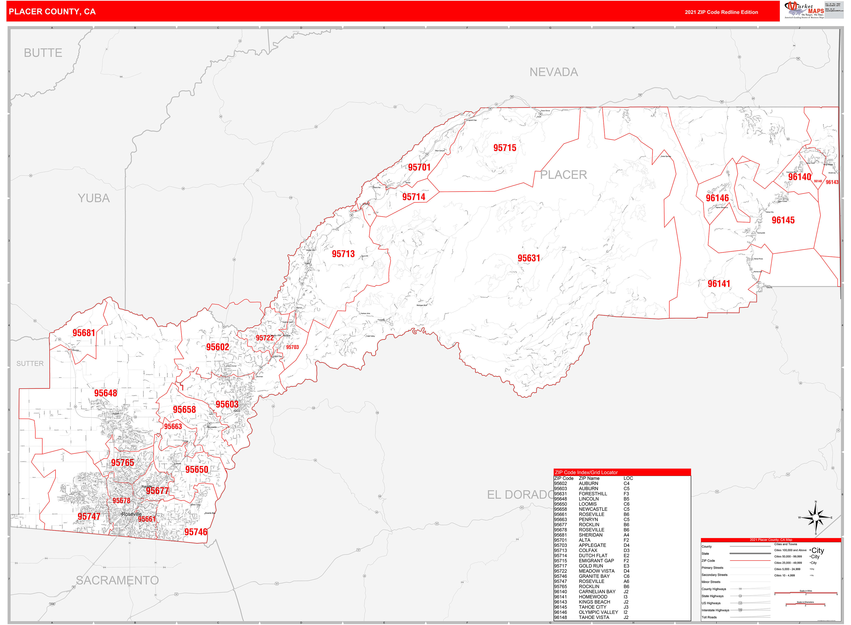 Placer County, CA Zip Code Wall Map Red Line Style by MarketMAPS - MapSales