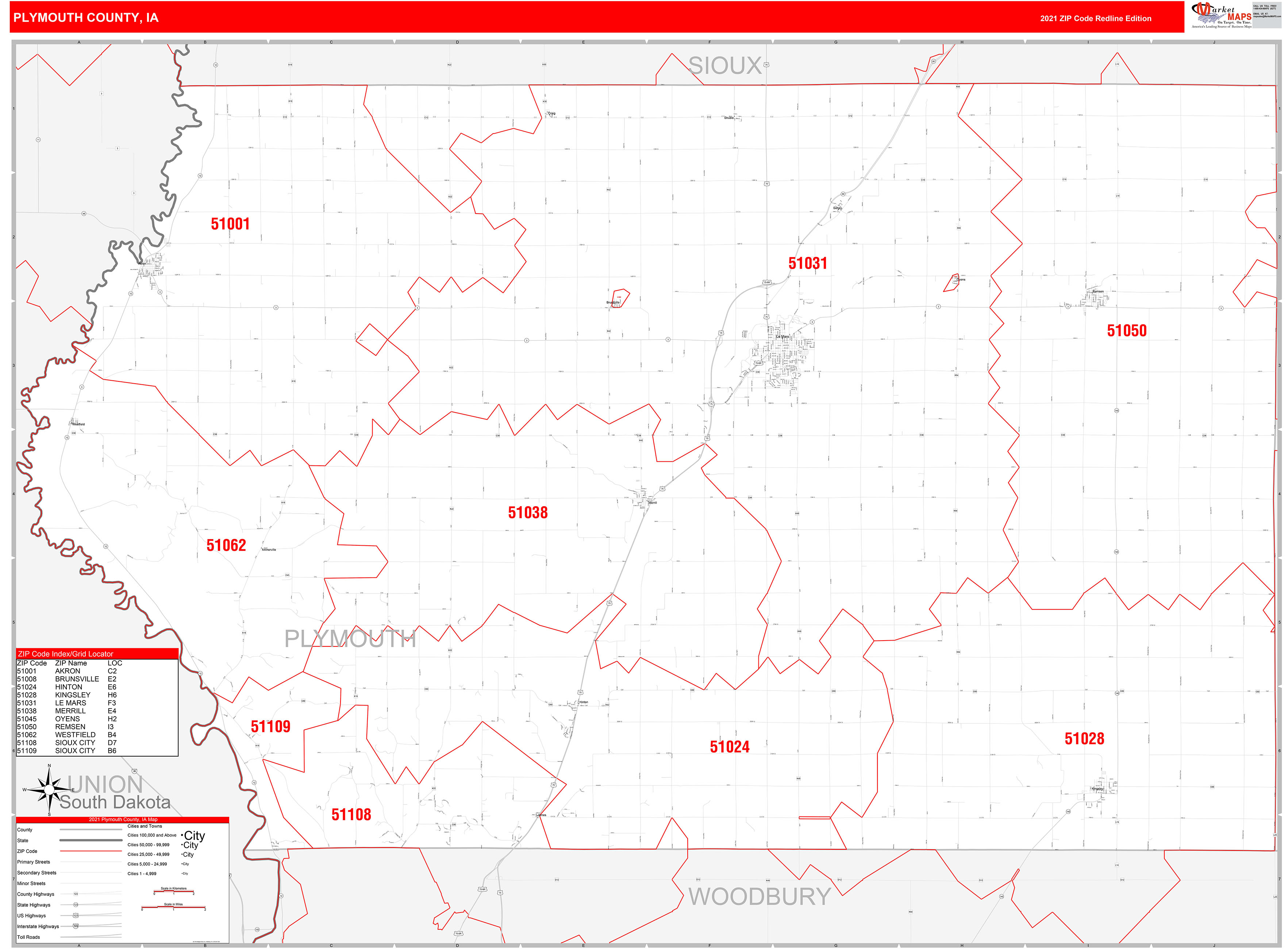 Plymouth County, IA Zip Code Wall Map Red Line Style by MarketMAPS ...