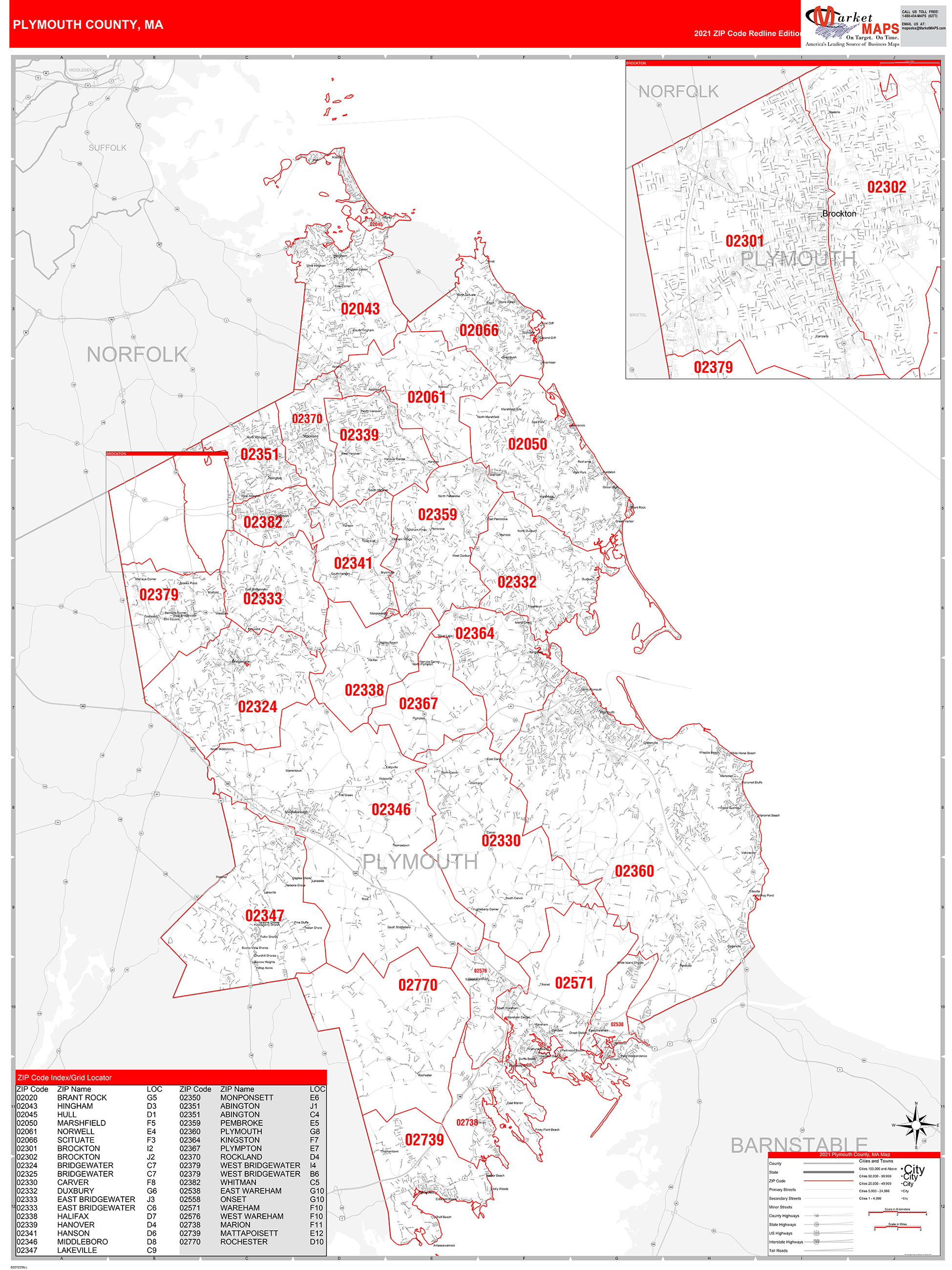 Plymouth County, MA Zip Code Wall Map Red Line Style by MarketMAPS ...
