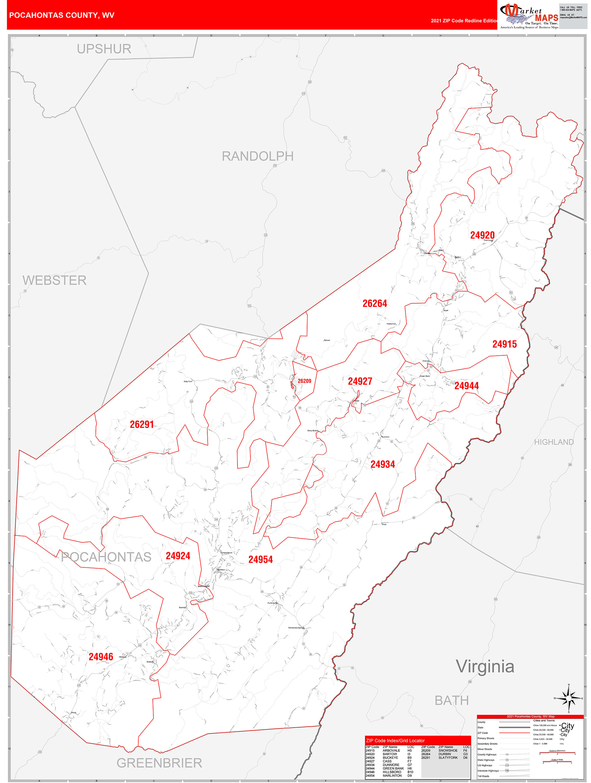 Pocahontas County, WV Zip Code Wall Map Red Line Style by MarketMAPS ...