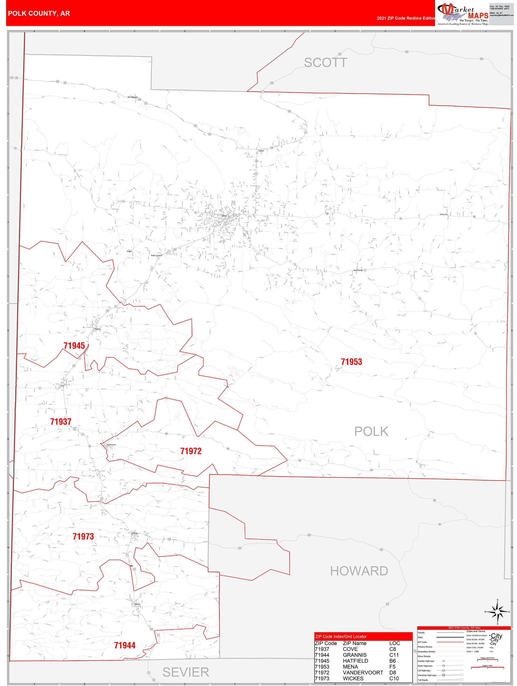 Polk County Ar Zip Code Wall Map Red Line Style By Marketmaps