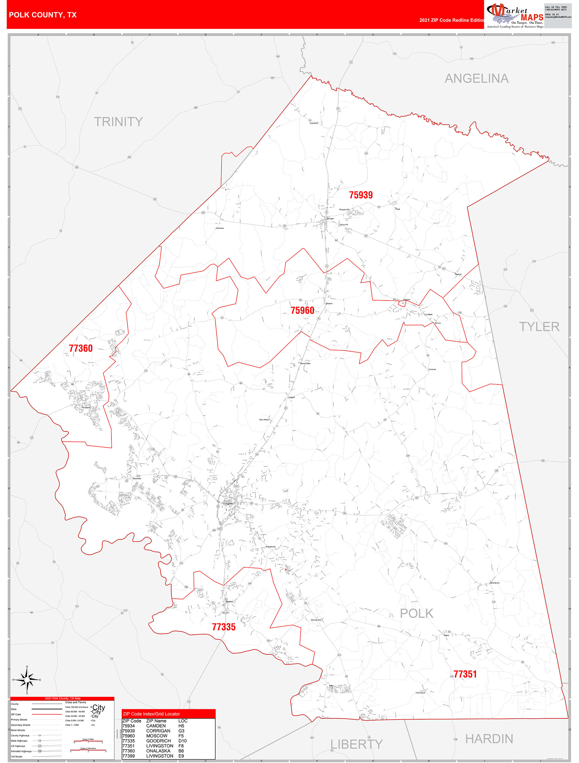 Polk County, TX Zip Code Wall Map Red Line Style by MarketMAPS