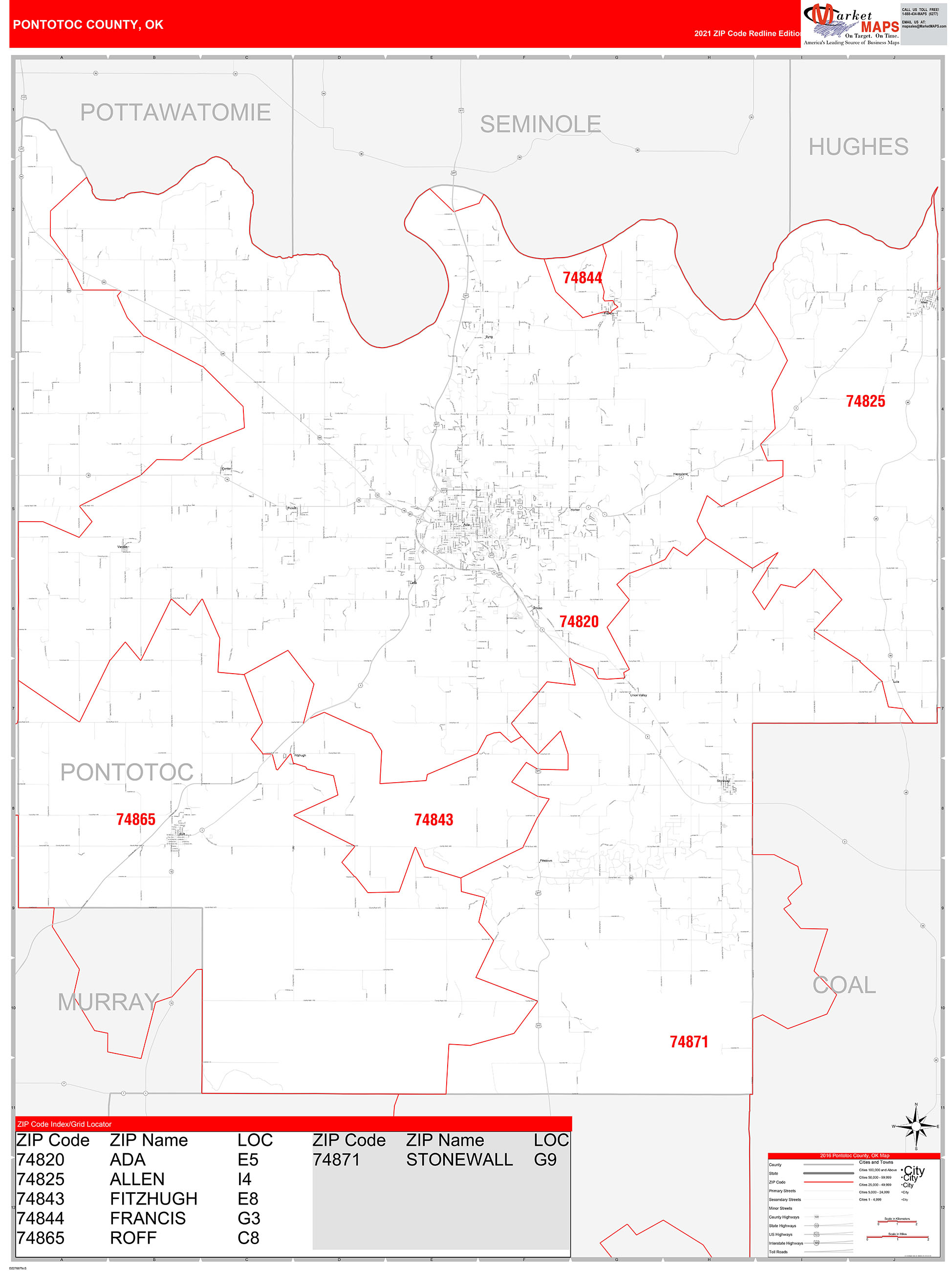 Pontotoc County, OK Zip Code Wall Map Red Line Style by MarketMAPS ...