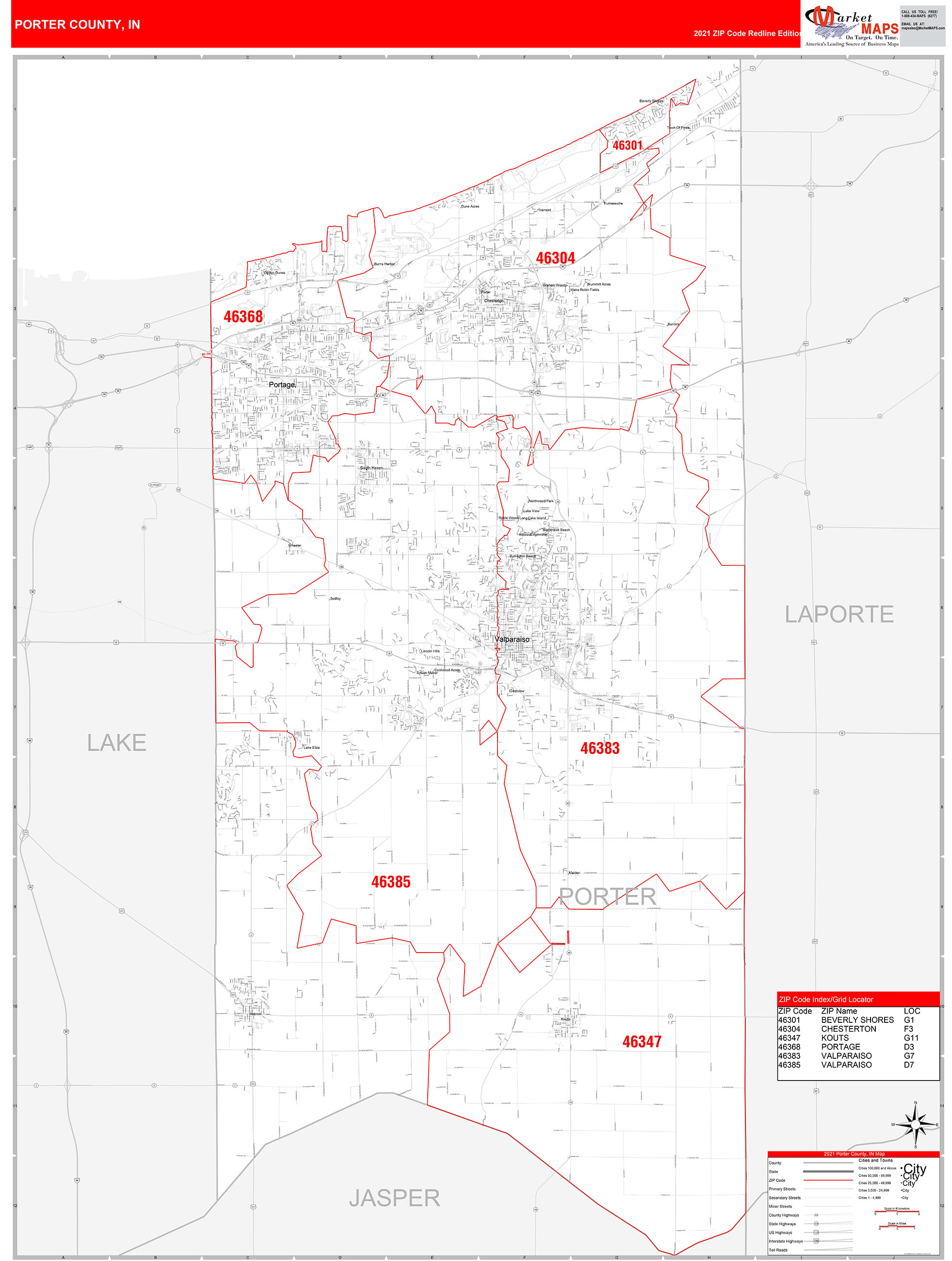 Porter County, IN Zip Code Wall Map Red Line Style by MarketMAPS MapSales