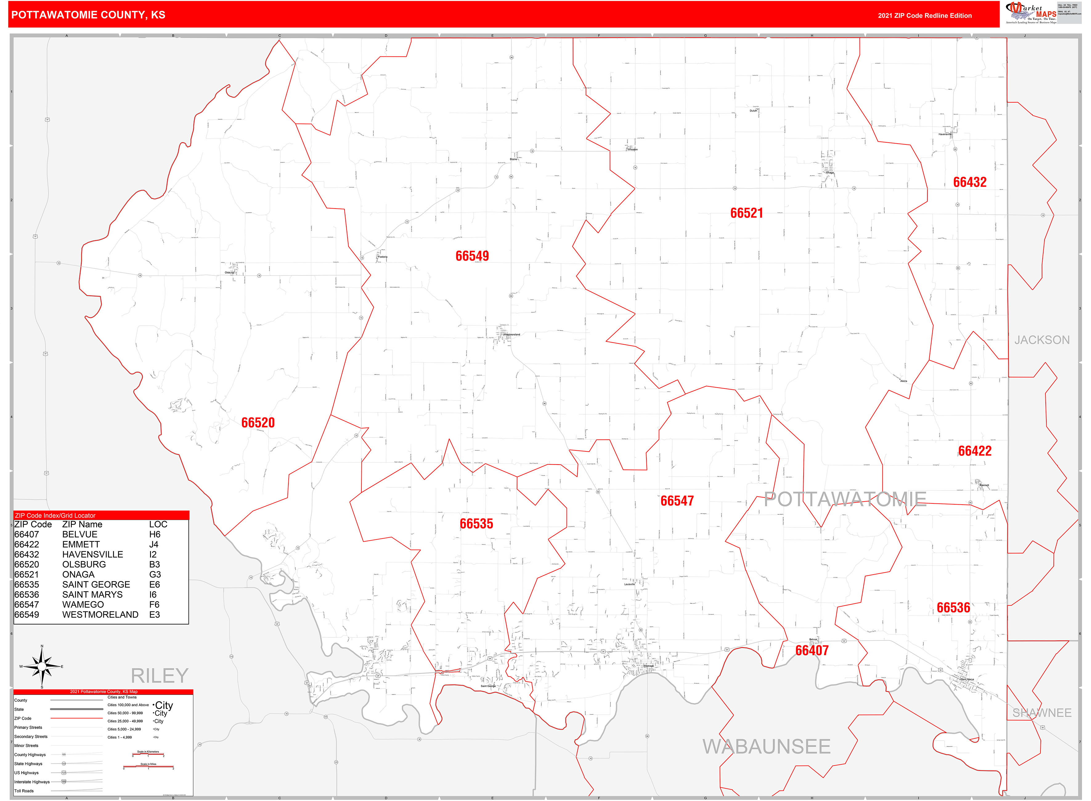 Pottawatomie County, KS Zip Code Wall Map Red Line Style by MarketMAPS ...