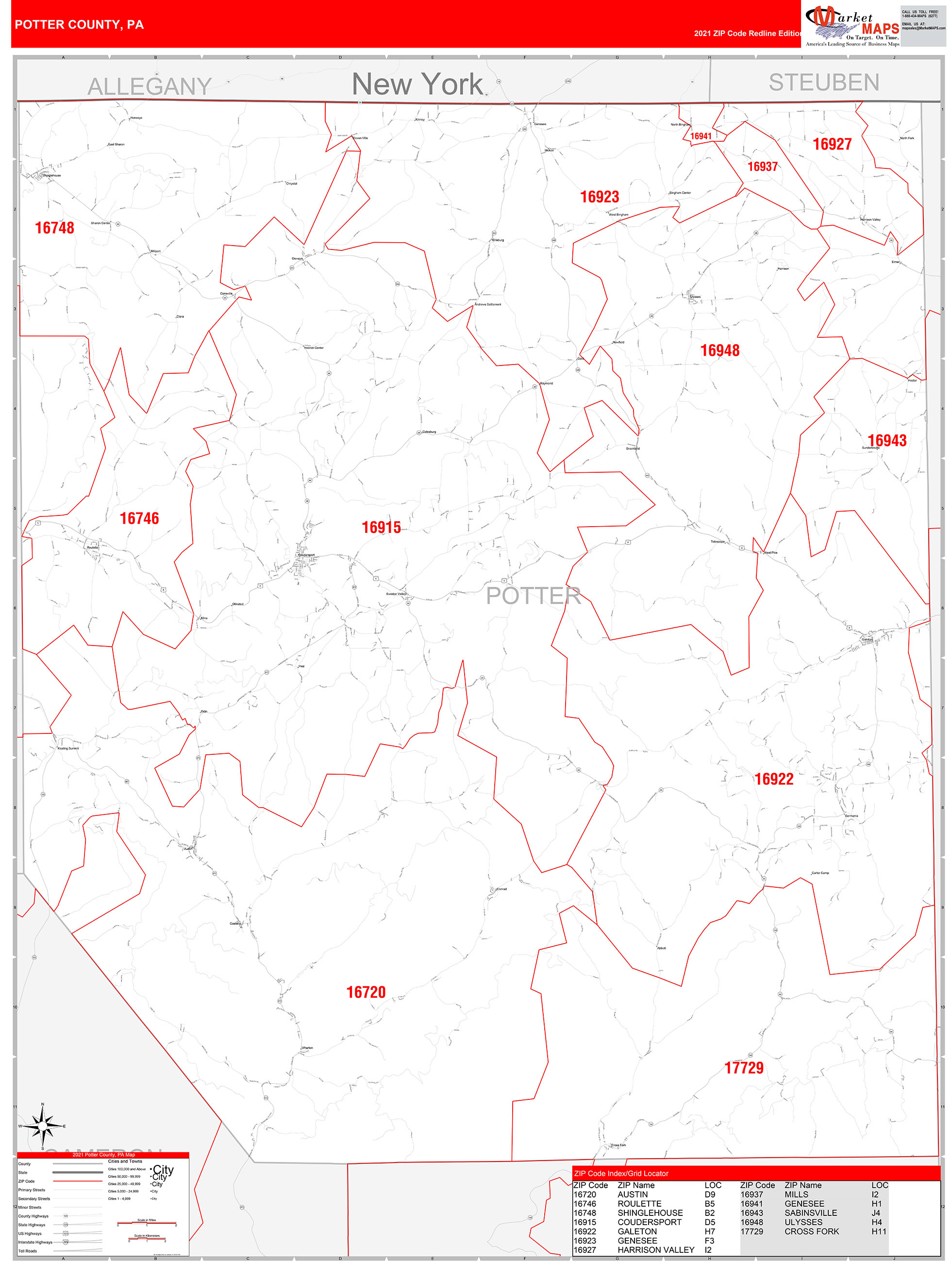 Potter County, PA Zip Code Wall Map Red Line Style by MarketMAPS