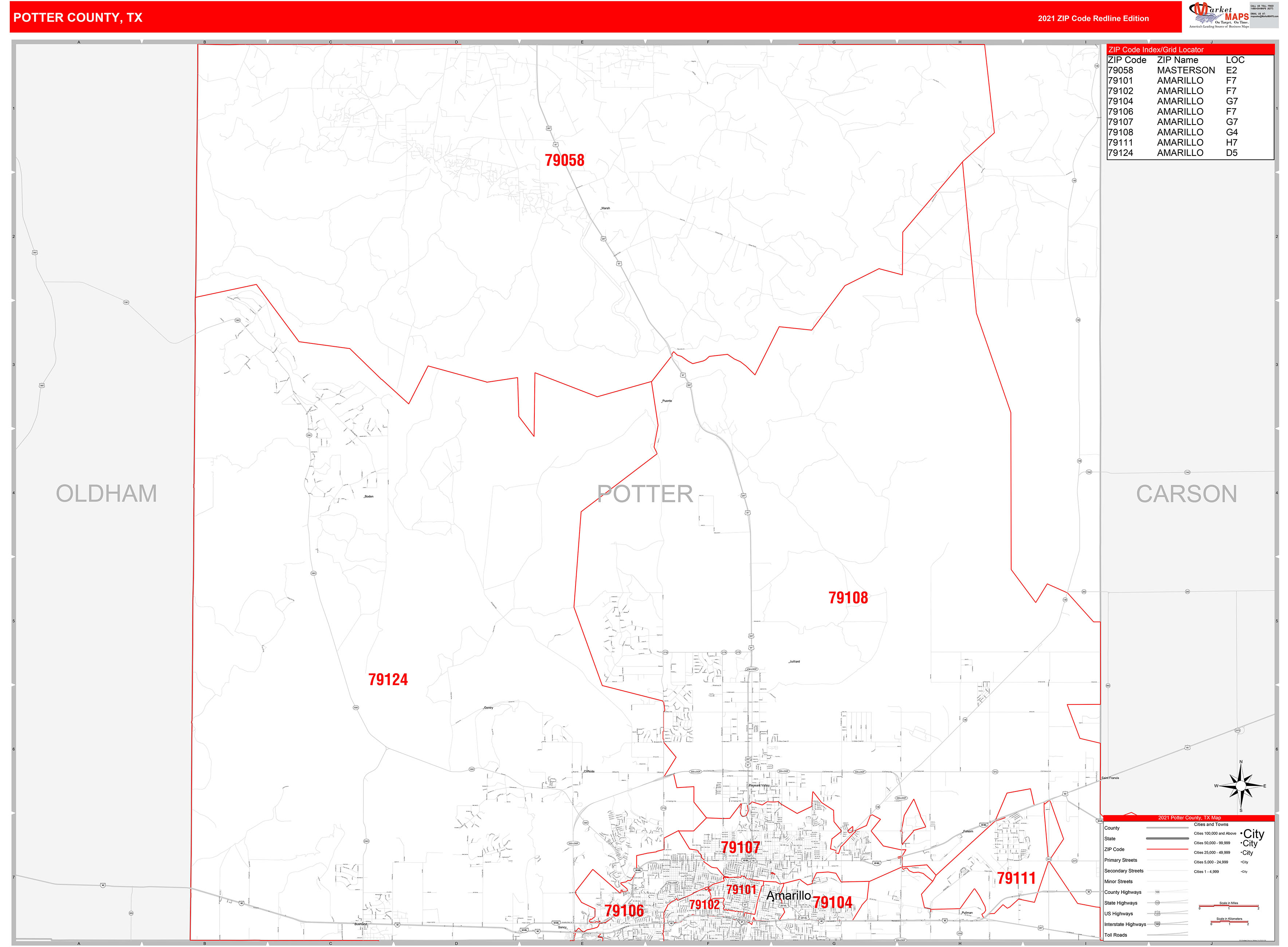 Potter County Tx Zip Code Wall Map Red Line Style By Marketmaps Mapsales