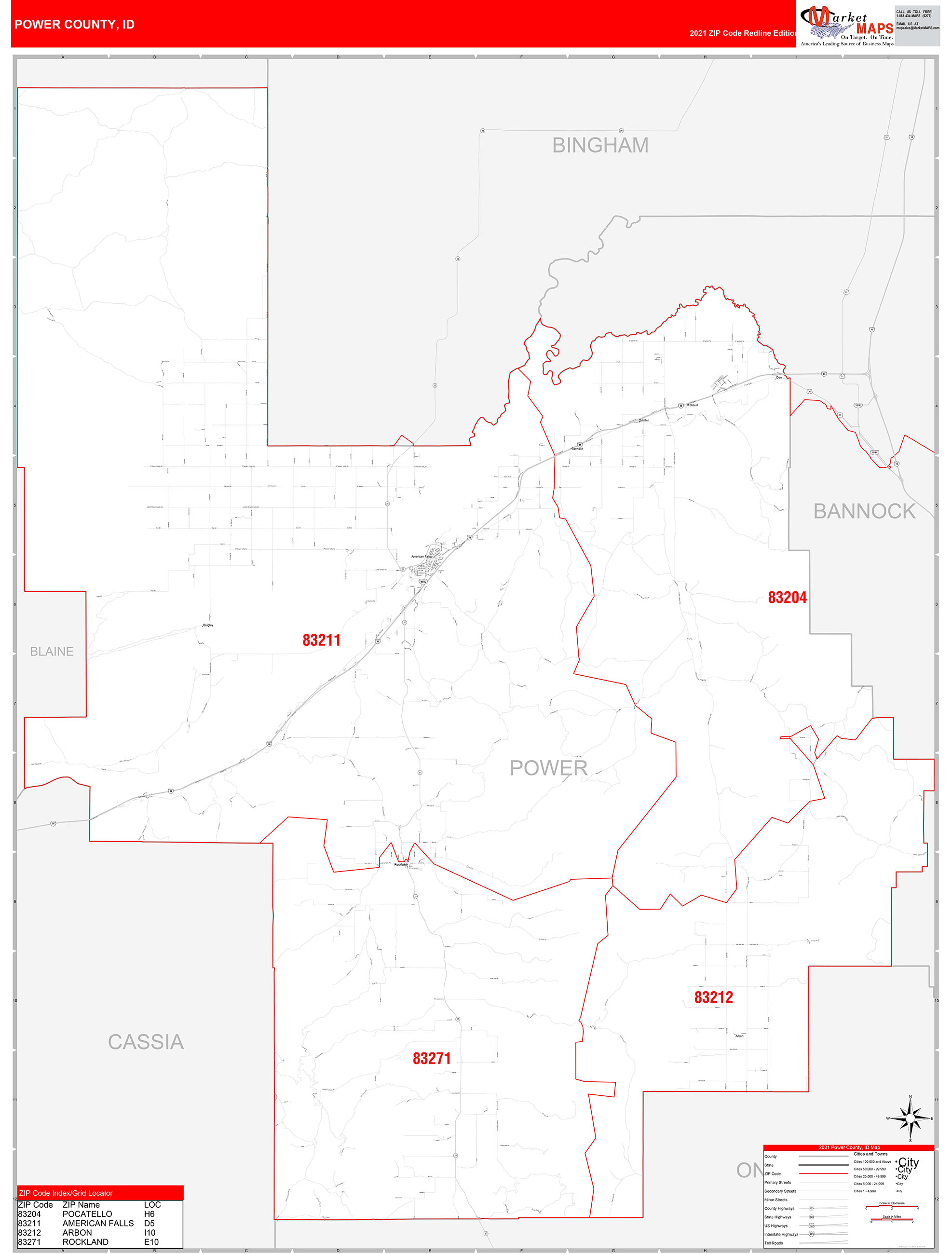 Power County, ID Zip Code Wall Map Red Line Style by MarketMAPS - MapSales