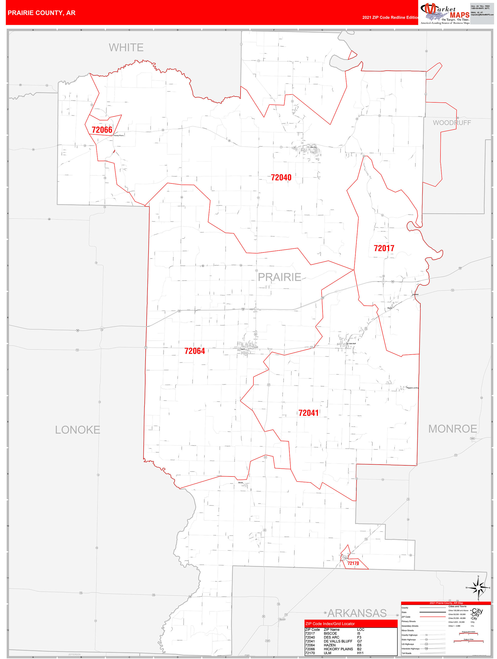 Prairie County Ar Zip Code Wall Map Red Line Style By Marketmaps