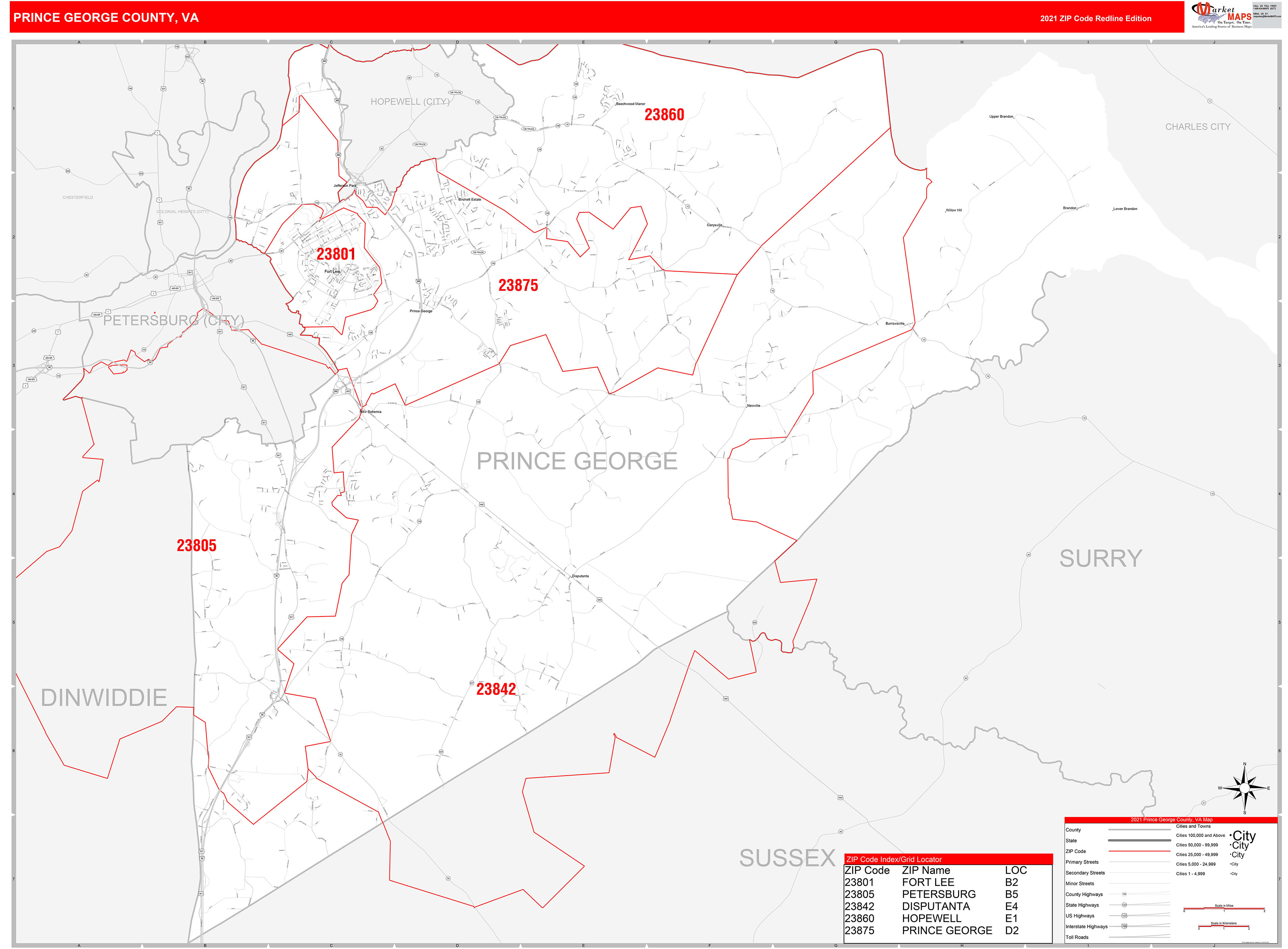 Prince George County, VA Zip Code Wall Map Red Line Style by MarketMAPS