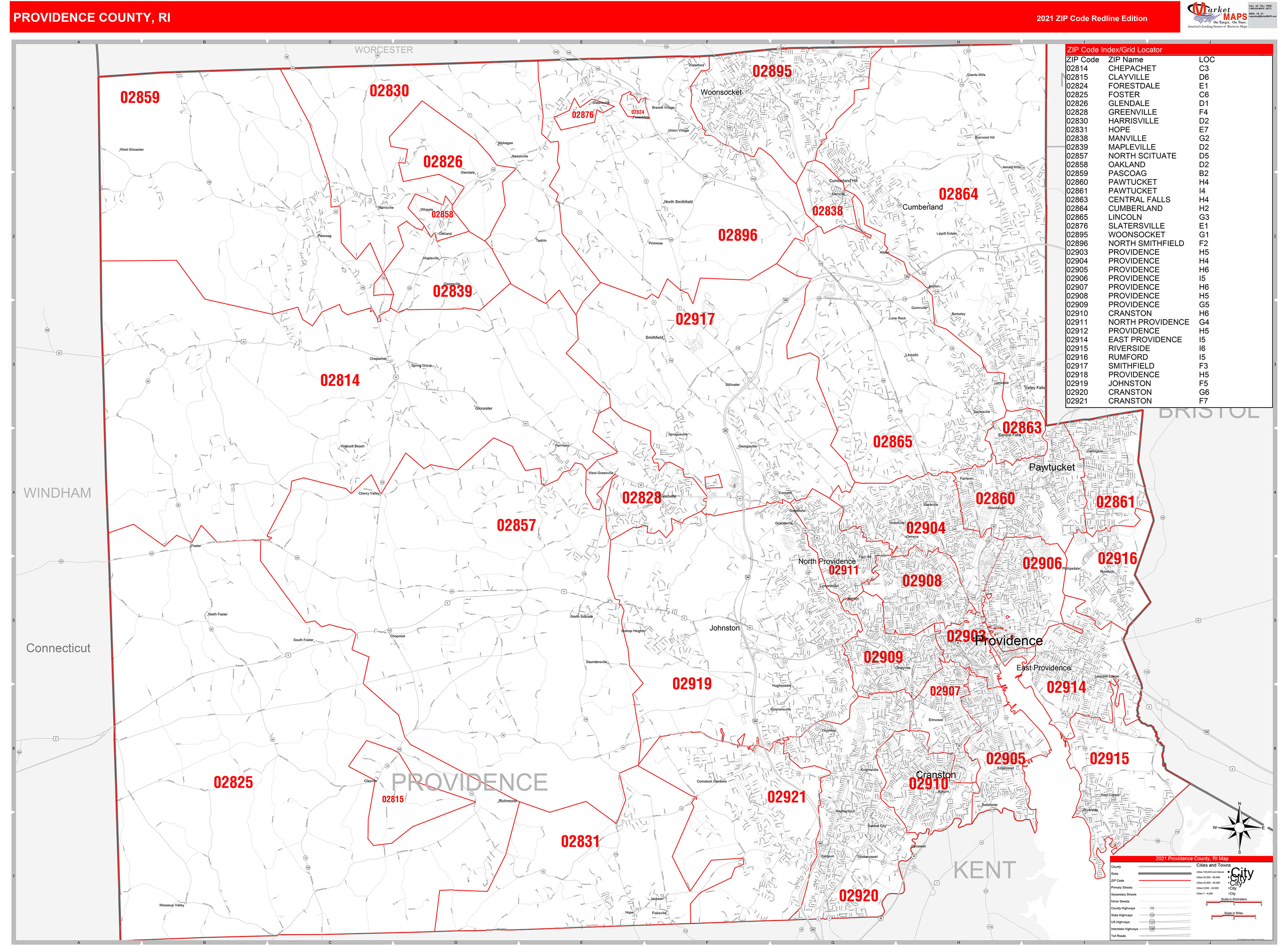 Providence County, RI Zip Code Wall Map Red Line Style by MarketMAPS