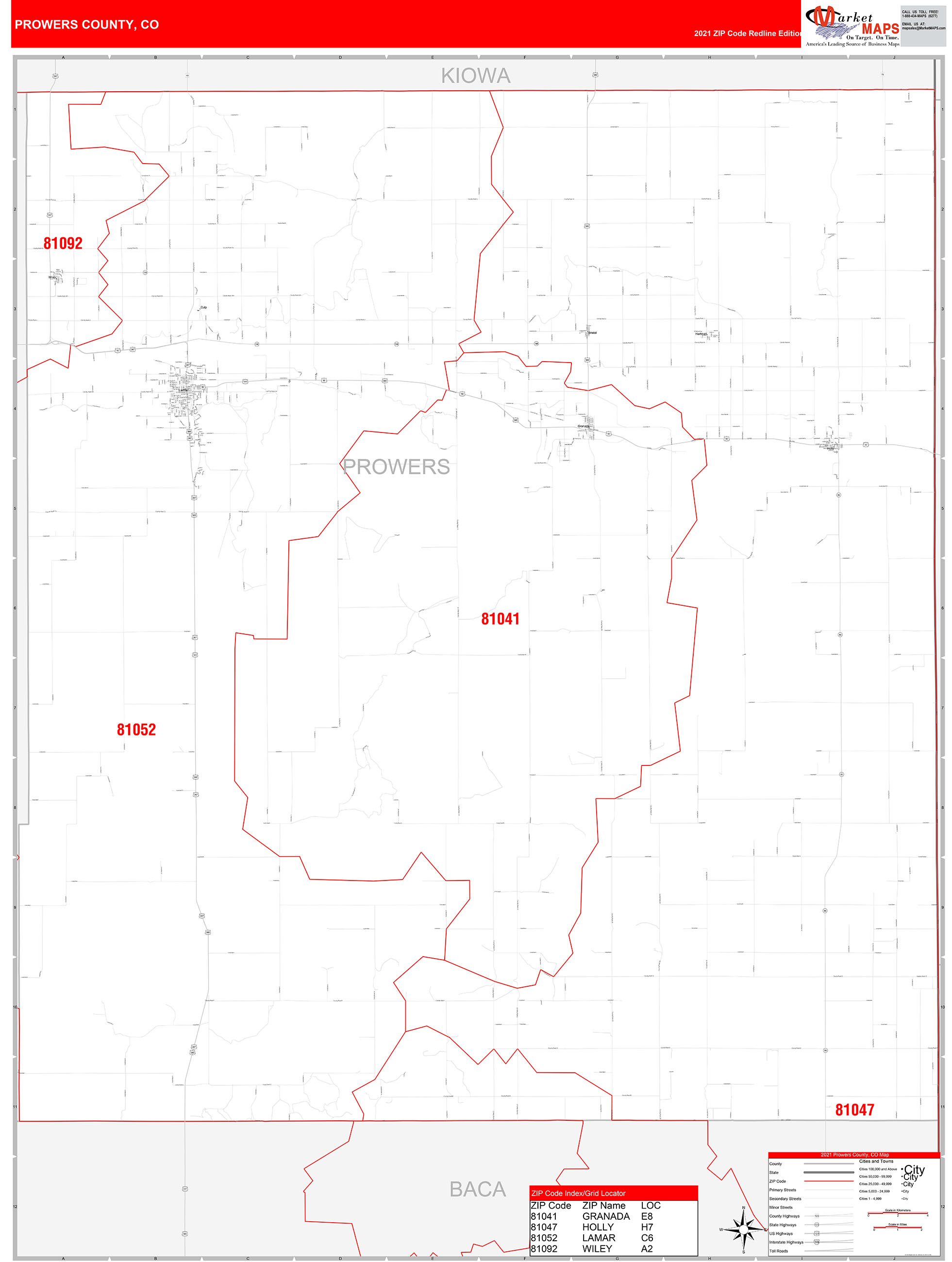 Prowers County, CO Zip Code Wall Map Red Line Style by MarketMAPS