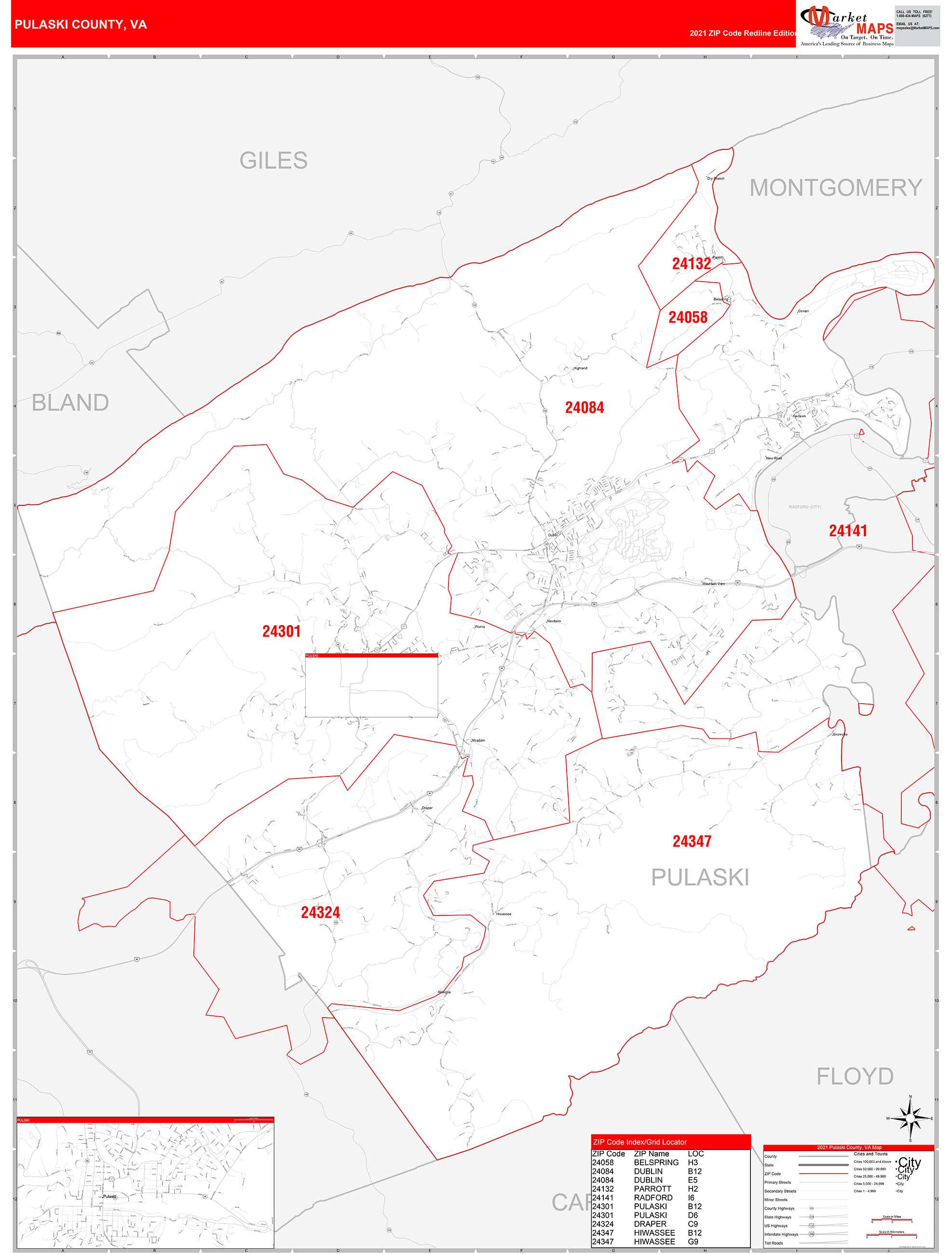 Pulaski County, VA Zip Code Wall Map Red Line Style by MarketMAPS