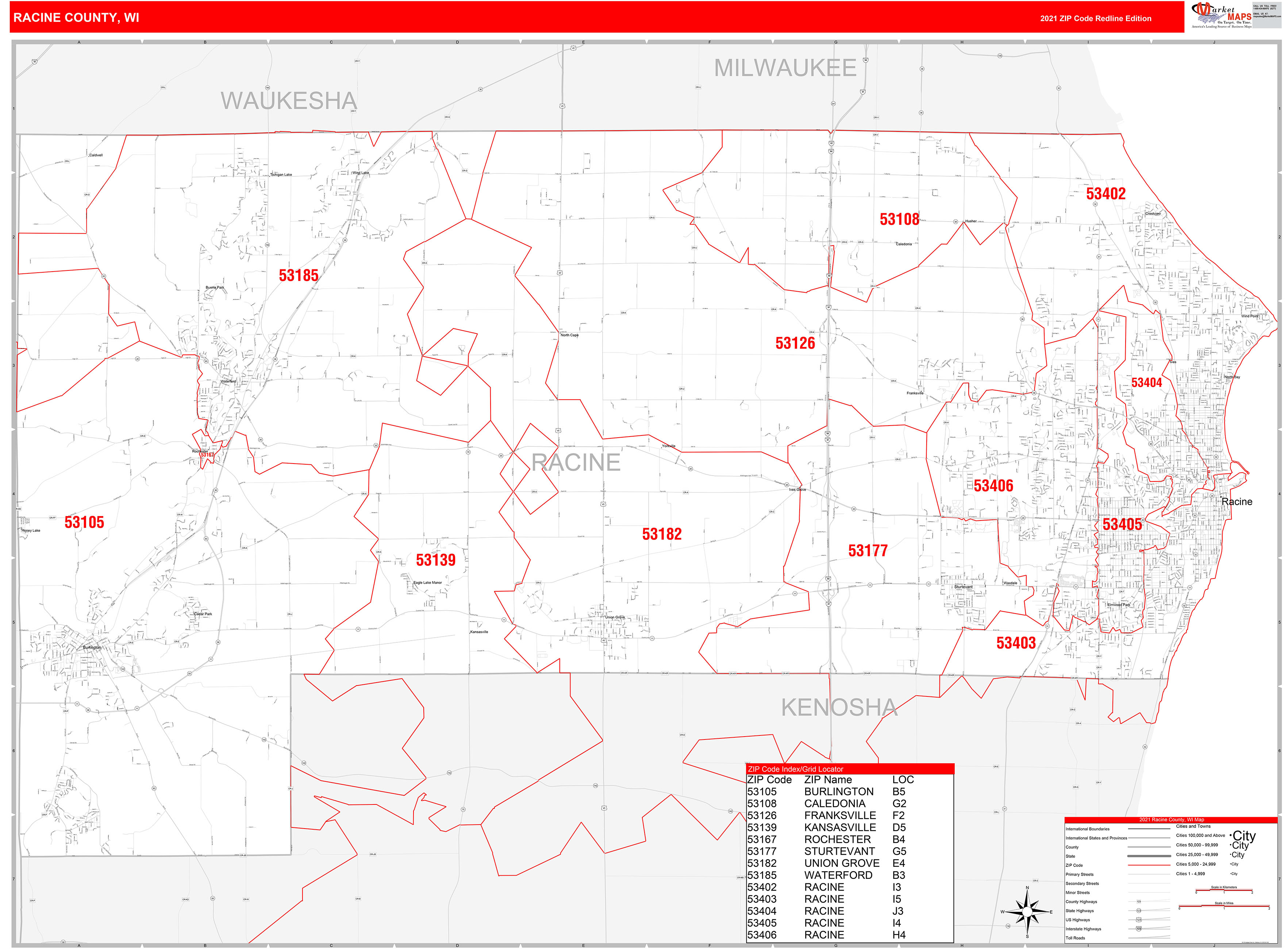 Racine County, WI Zip Code Wall Map Red Line Style by MarketMAPS MapSales