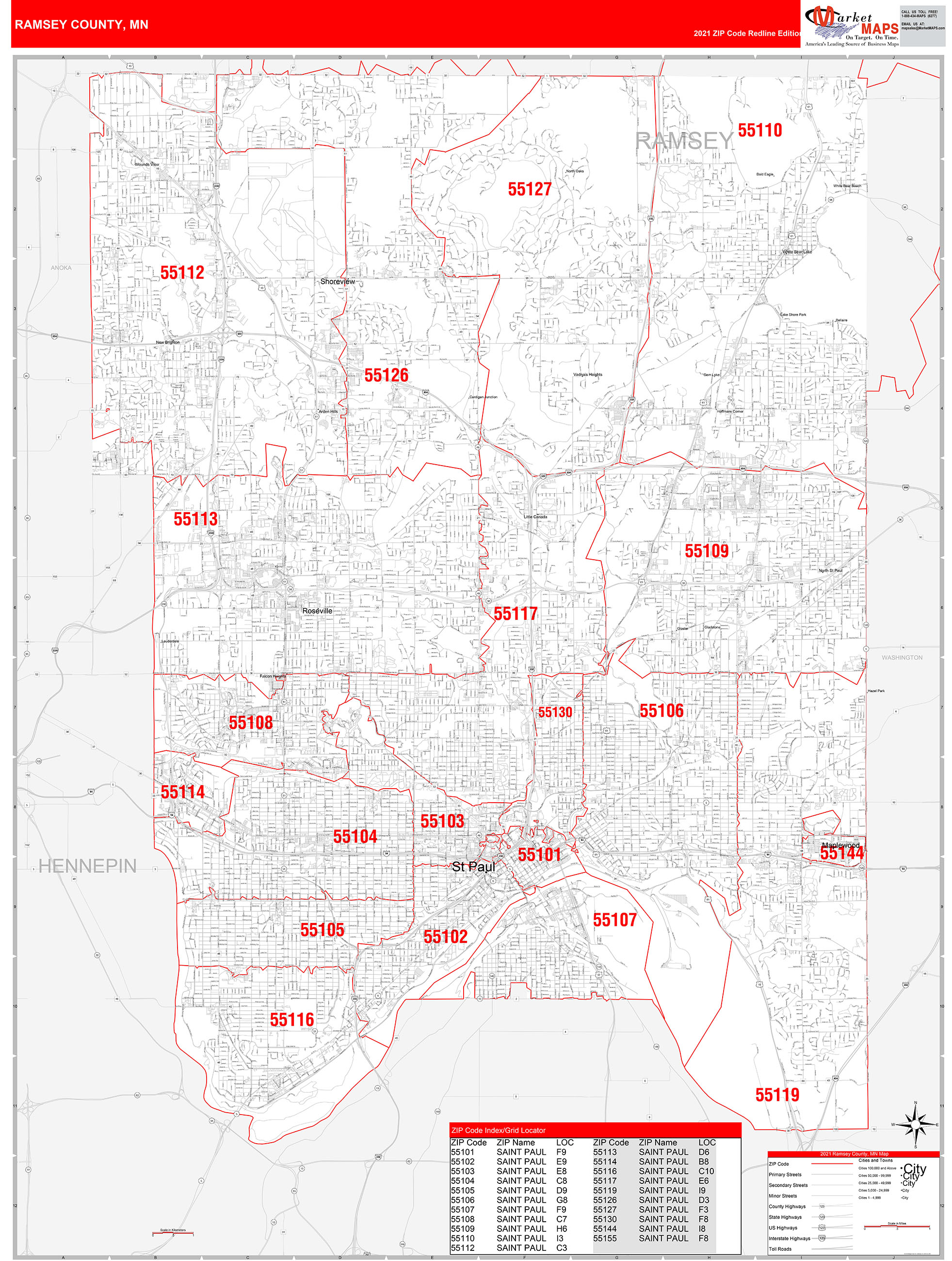 Ramsey County, MN Zip Code Wall Map Red Line Style by MarketMAPS