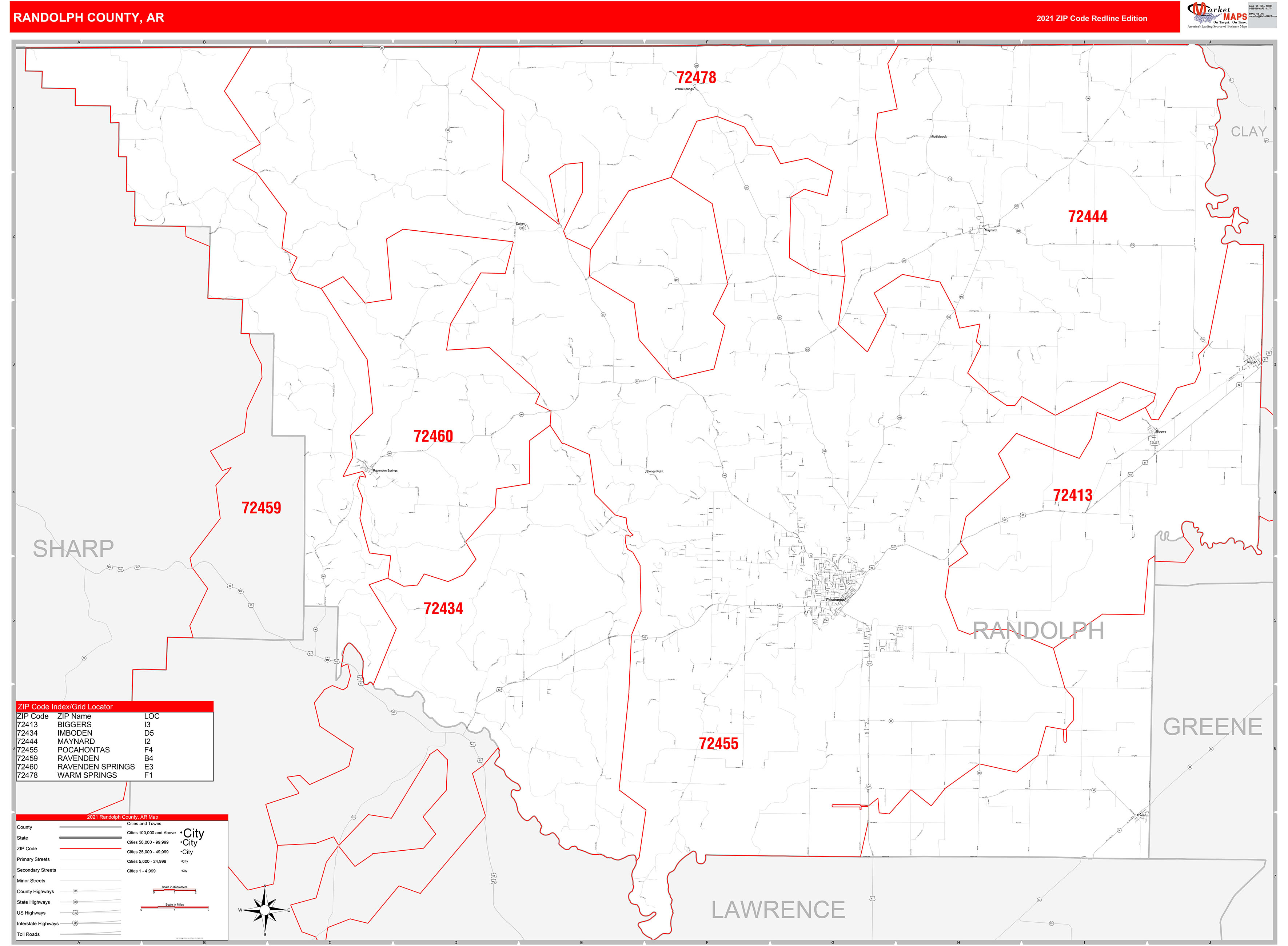 Randolph County, AR Zip Code Wall Map Red Line Style by MarketMAPS ...