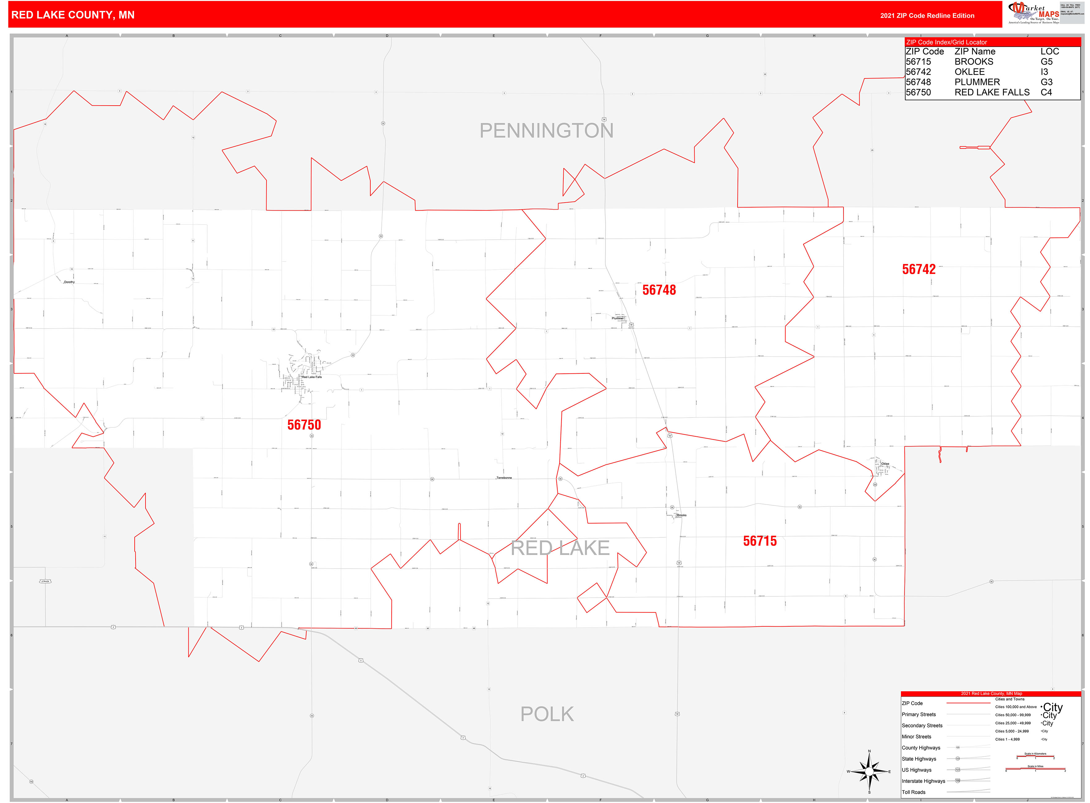 Red Lake County, MN Zip Code Wall Map Red Line Style by MarketMAPS