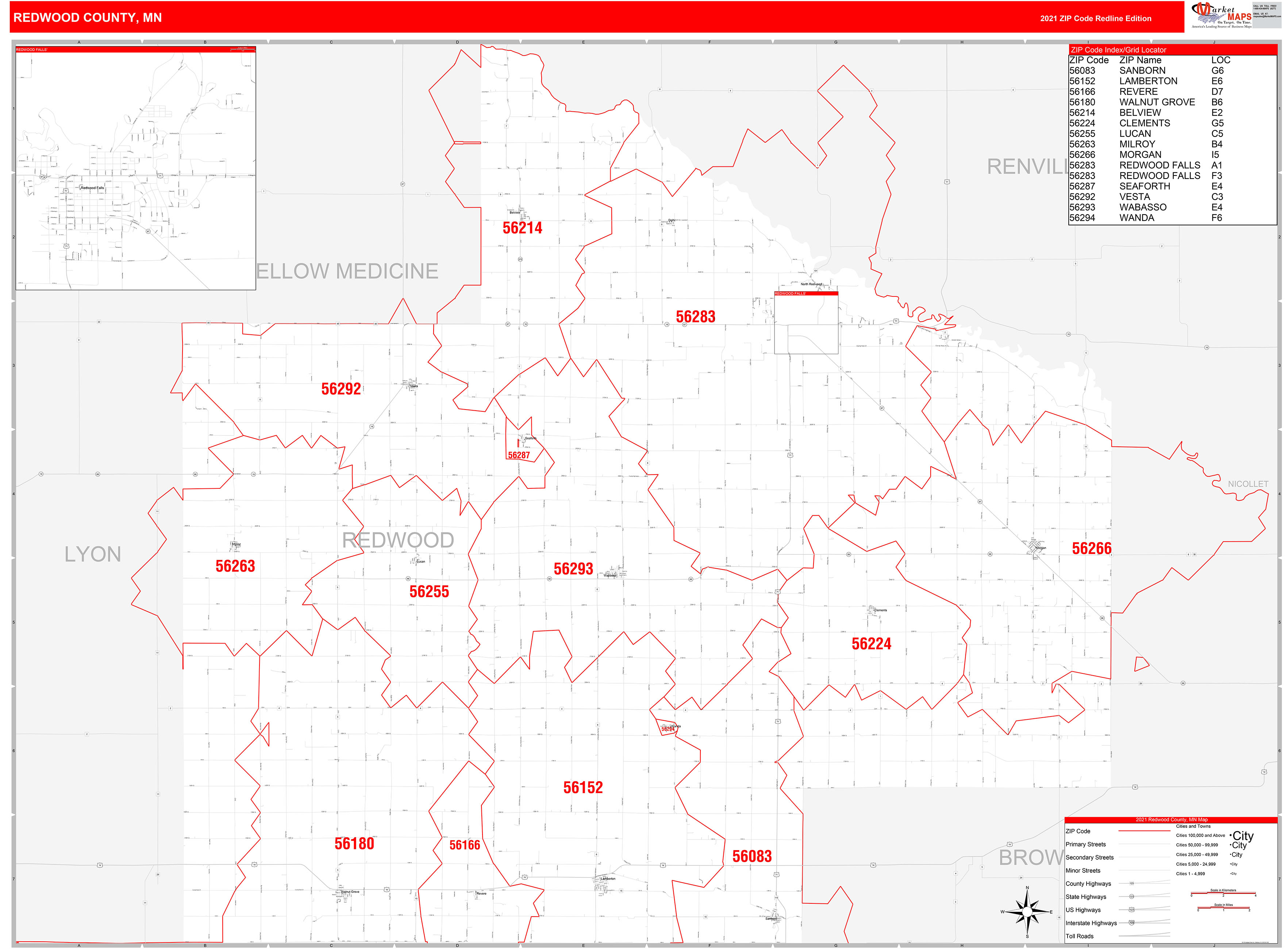 Redwood County, MN Zip Code Wall Map Red Line Style by MarketMAPS ...