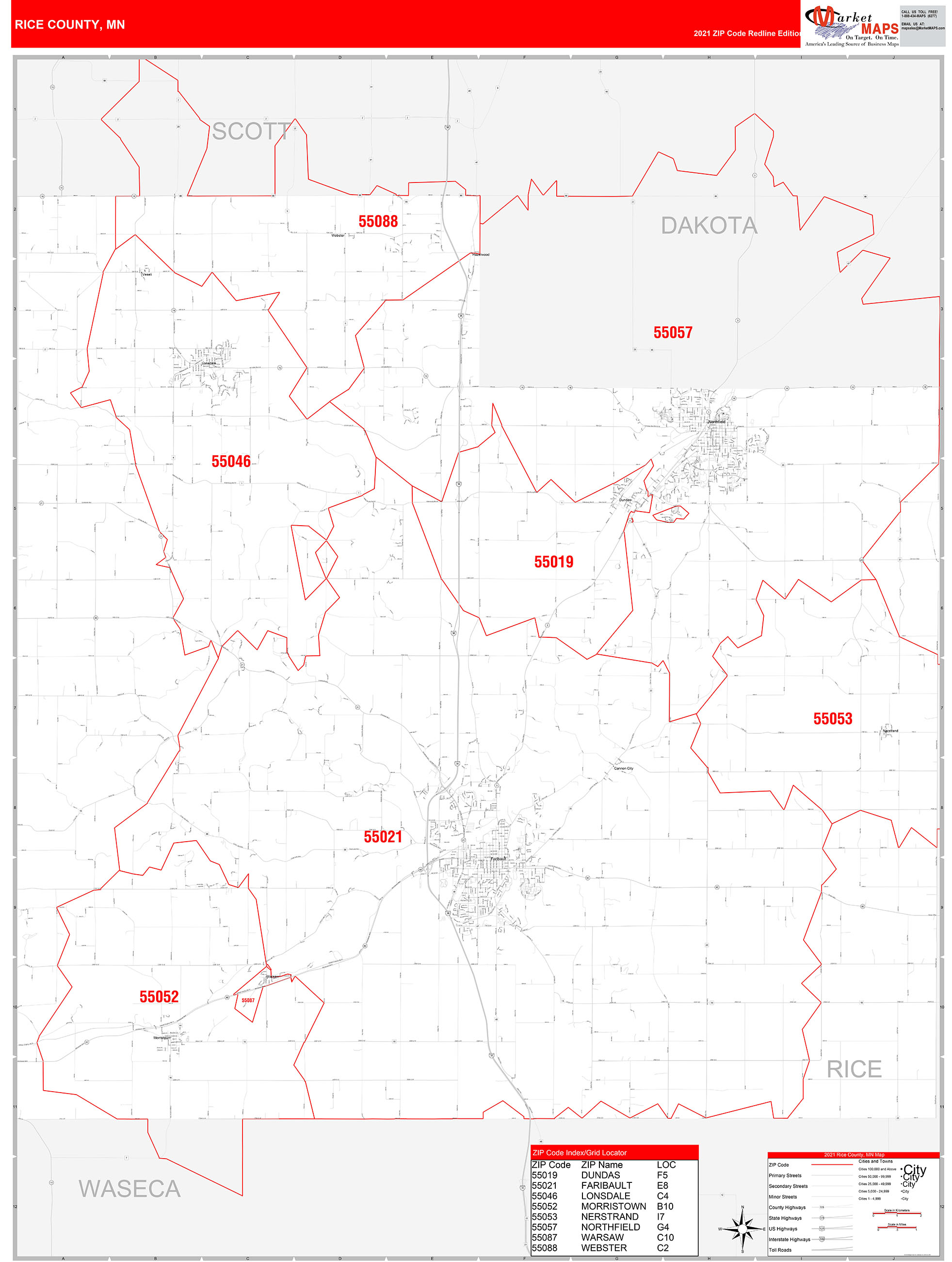 Rice County, MN Zip Code Wall Map Red Line Style by MarketMAPS