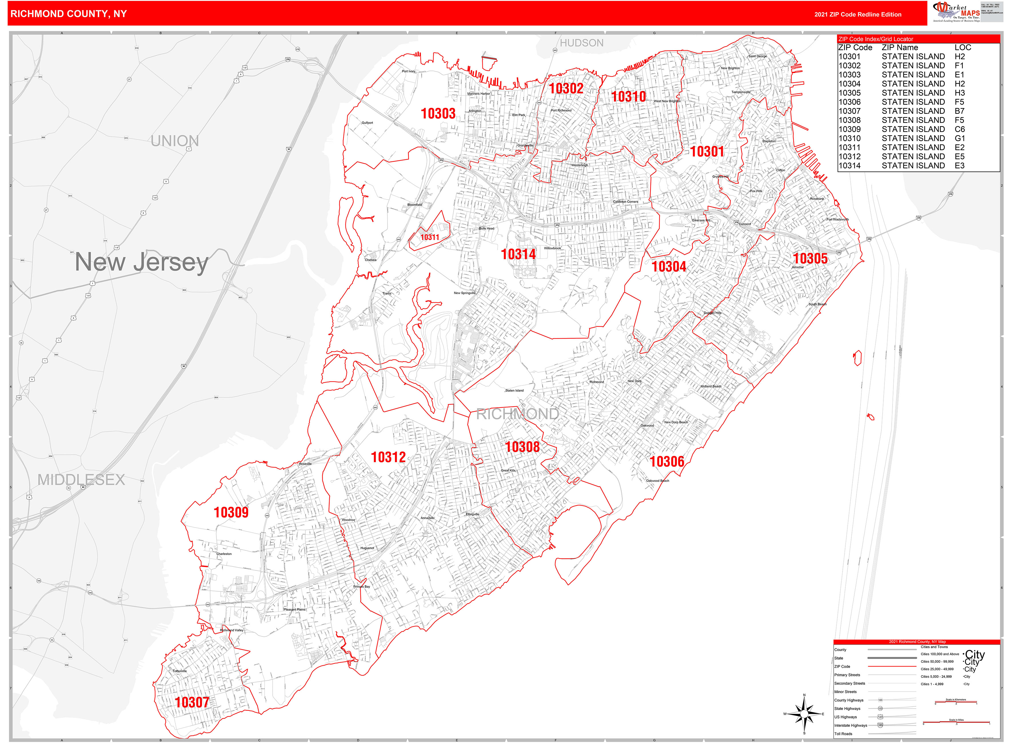 Richmond County Ny Zip Code Wall Map Red Line Style By Marketmaps