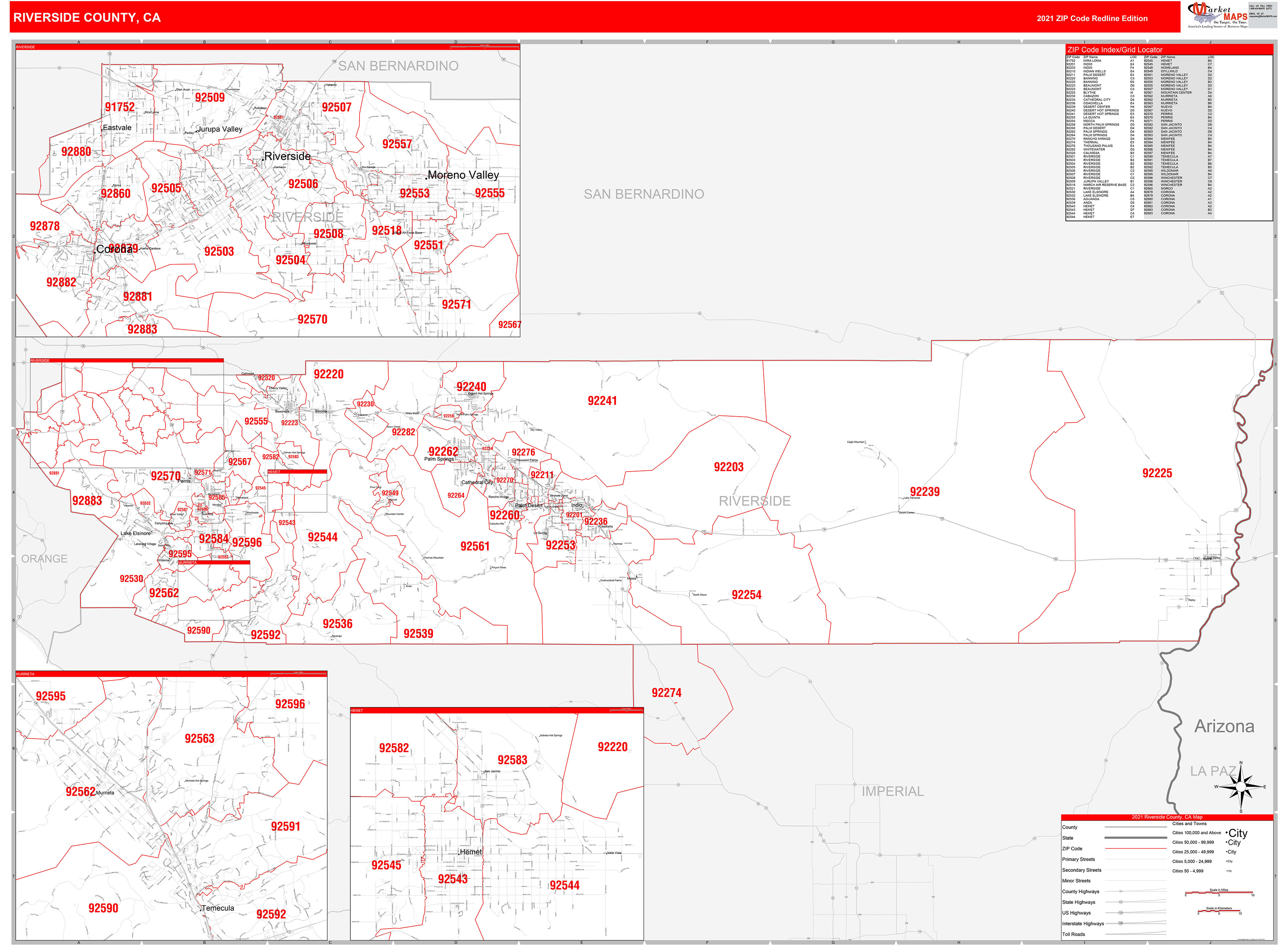 Riverside County, CA Zip Code Wall Map Red Line Style by MarketMAPS 