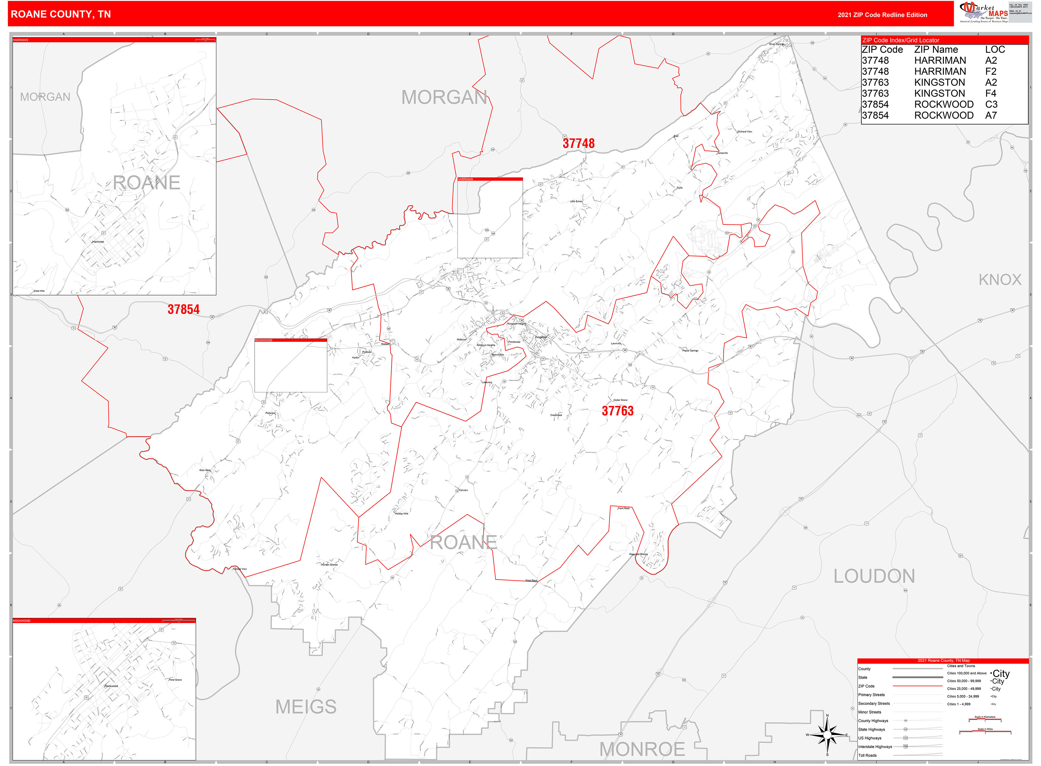 Roane County Tn Zip Code Wall Map Red Line Style By Marketmaps Mapsales
