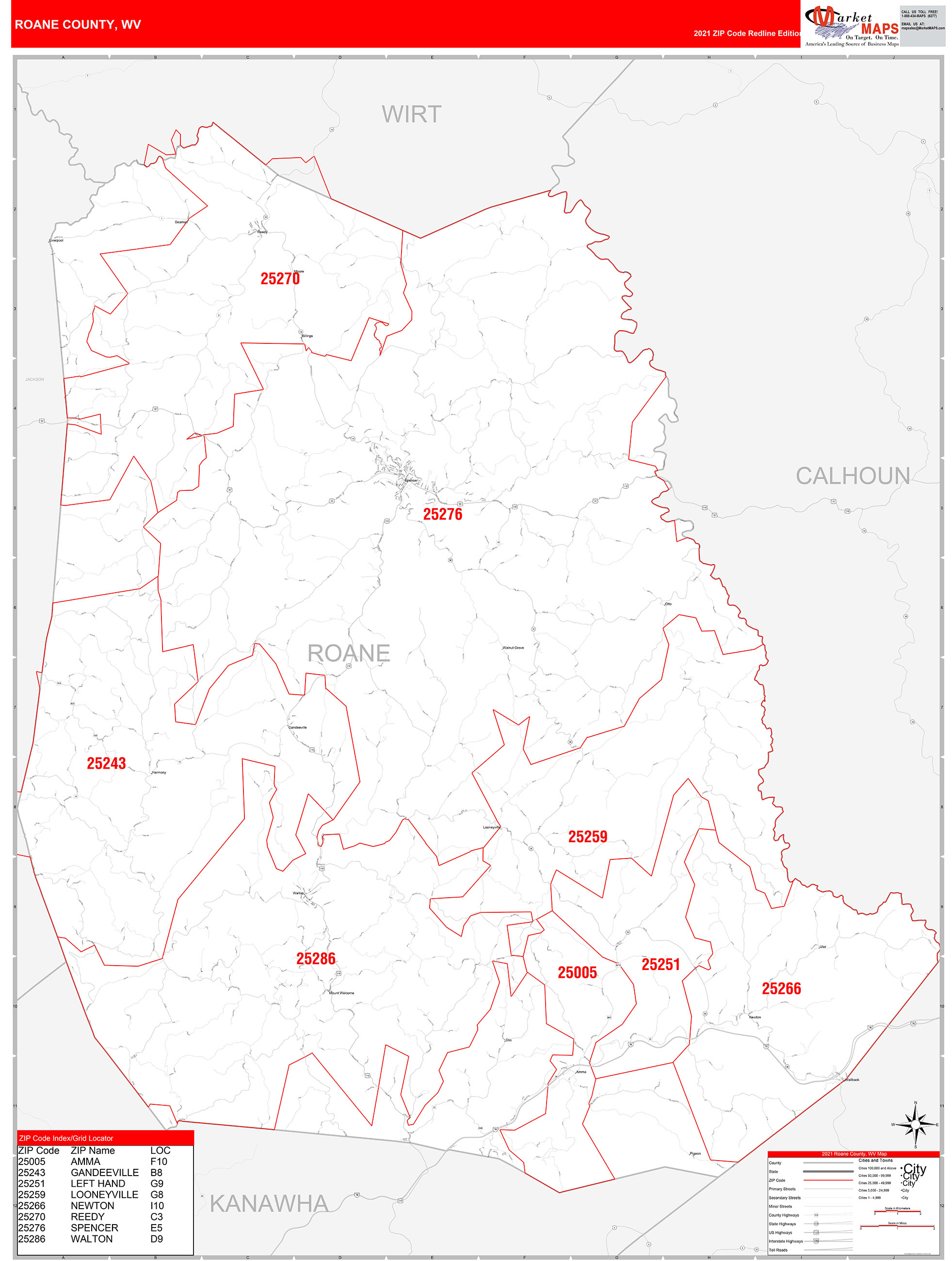 Roane County, WV Zip Code Wall Map Red Line Style by MarketMAPS - MapSales