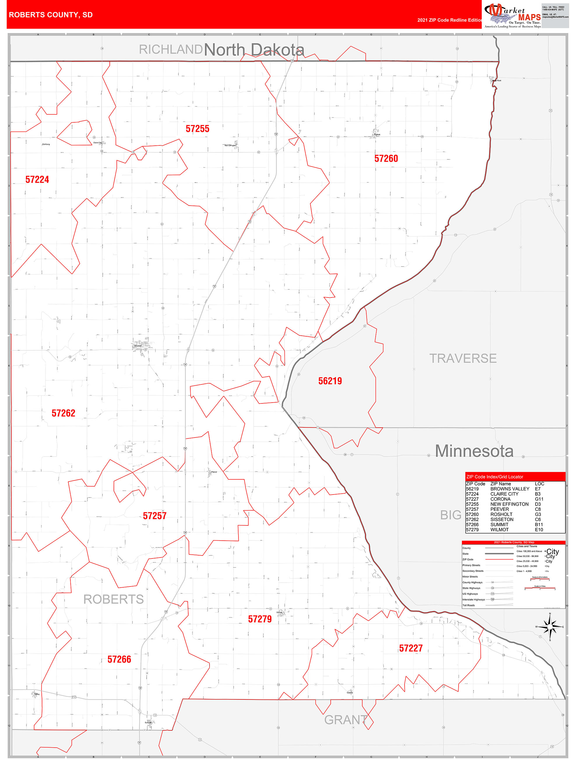 Roberts County, SD Zip Code Wall Map Red Line Style by MarketMAPS